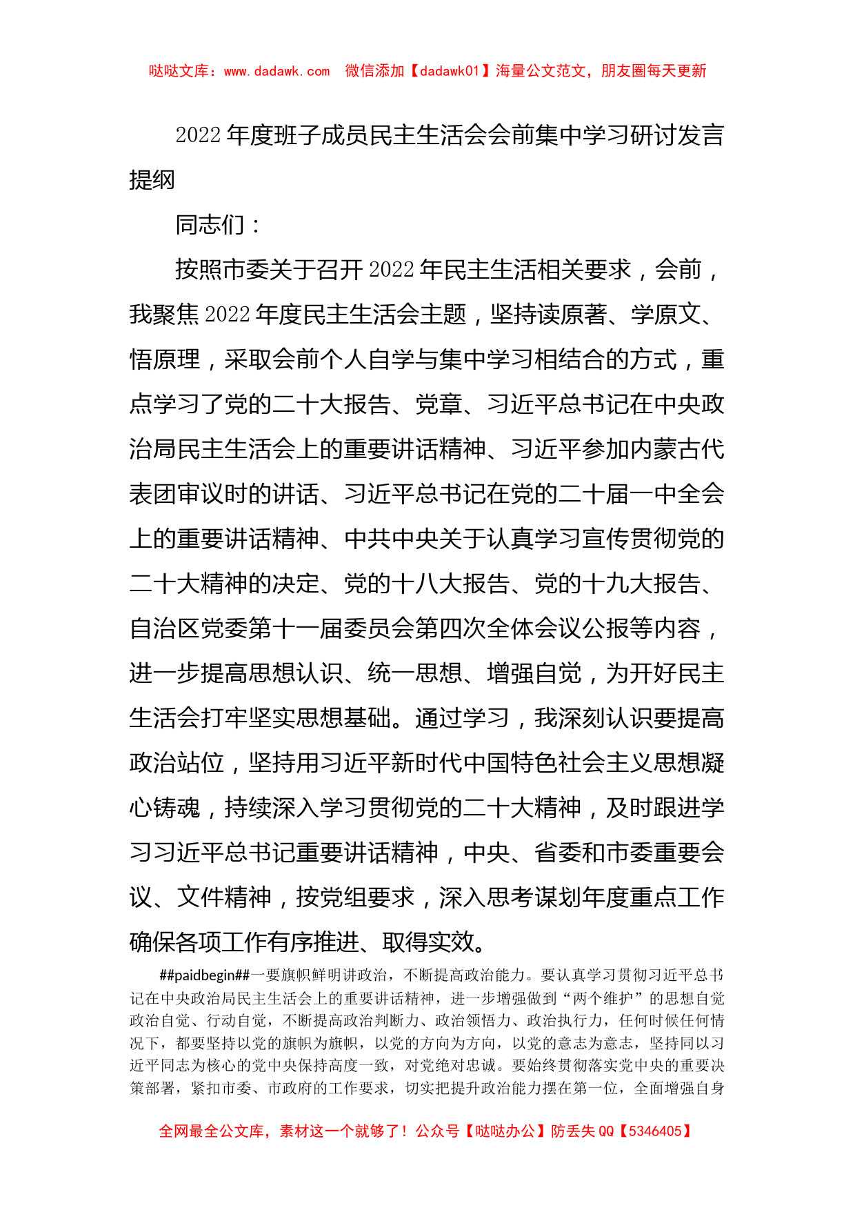 2022年度班子成员民主生活会会前集中学习研讨发言提纲_第1页