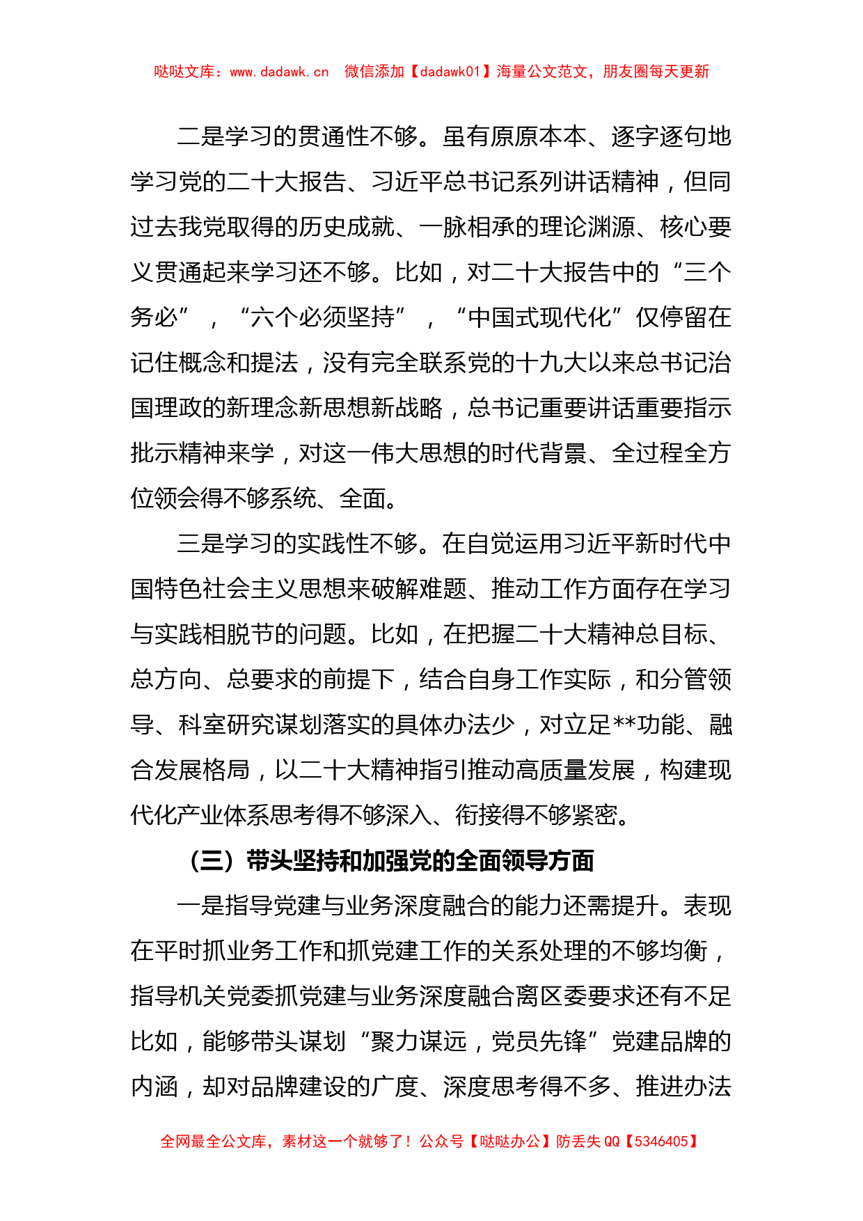 X党组书记2022年度民主生活会对照检查材料_第3页