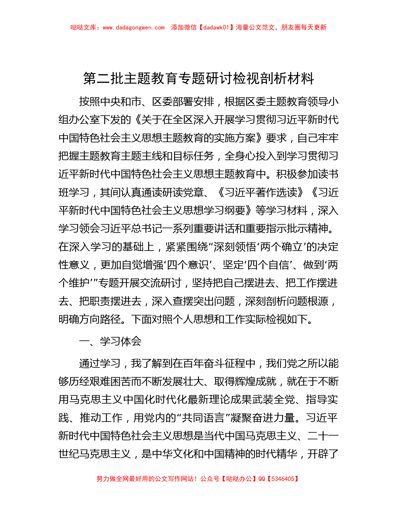 第二批主题教育专题研讨检视剖析材料_第1页