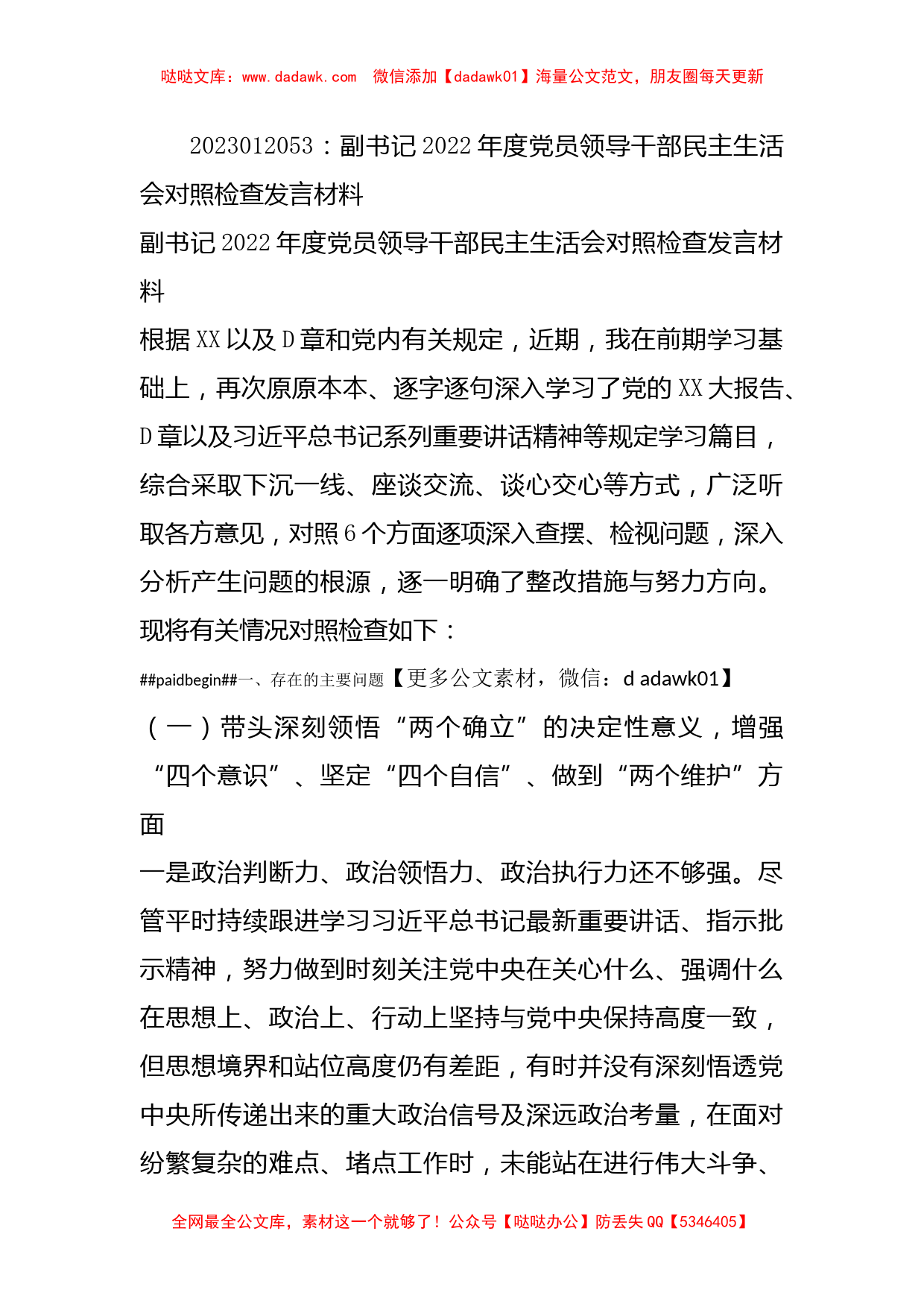 副书记2022年度党员领导干部民主生活会对照检查发言材料_第1页