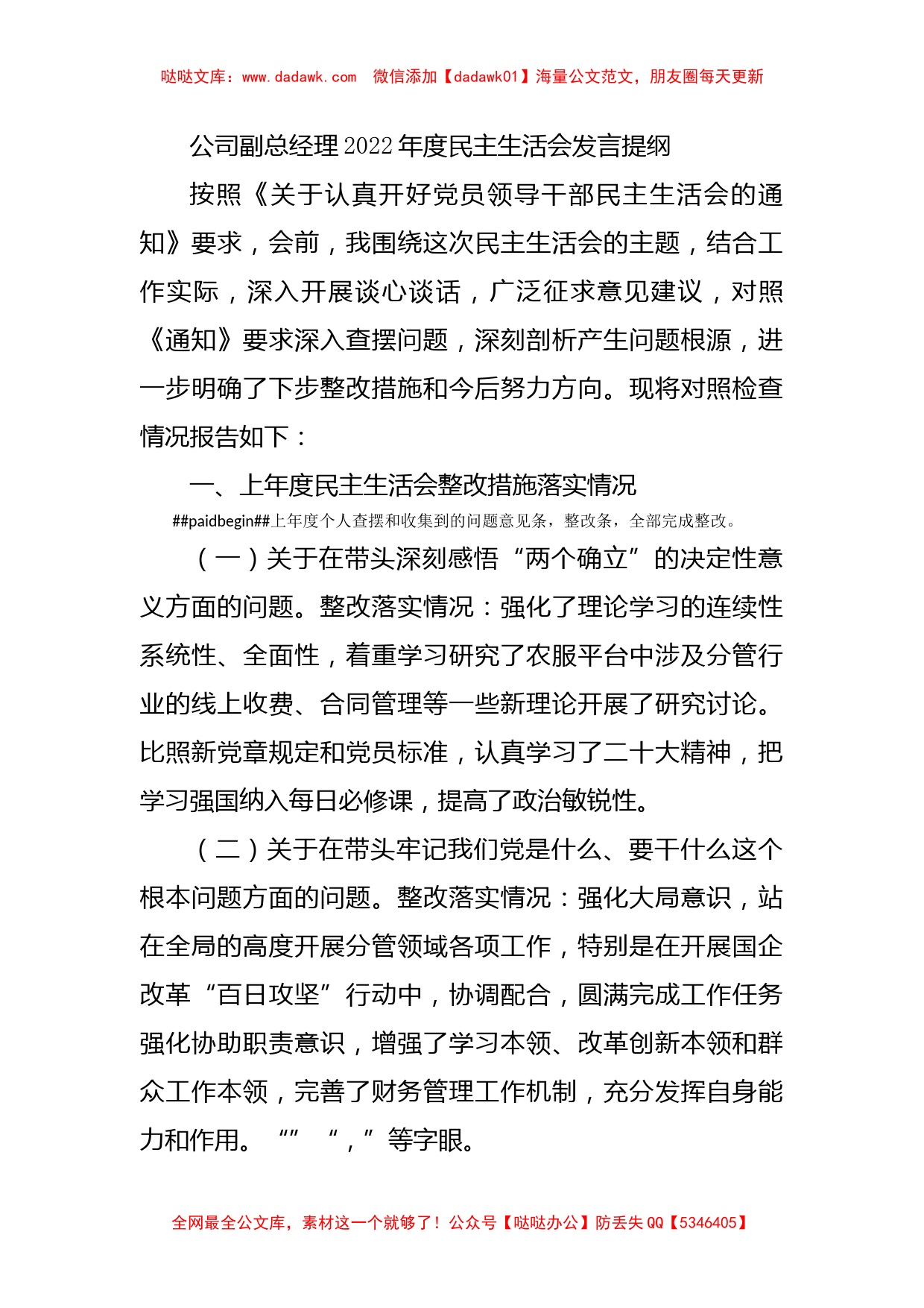 公司副总经理2022年度民主生活会发言提纲_第1页