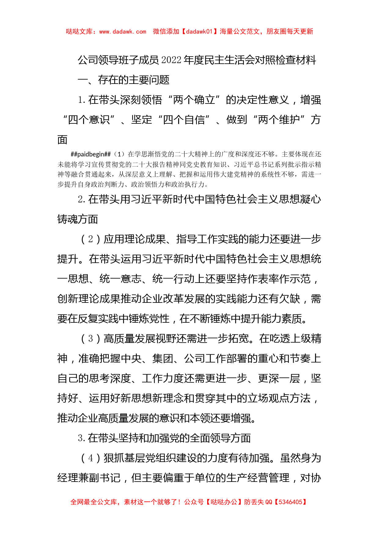 公司领导班子成员2022年度民主生活会对照检查材料_第1页