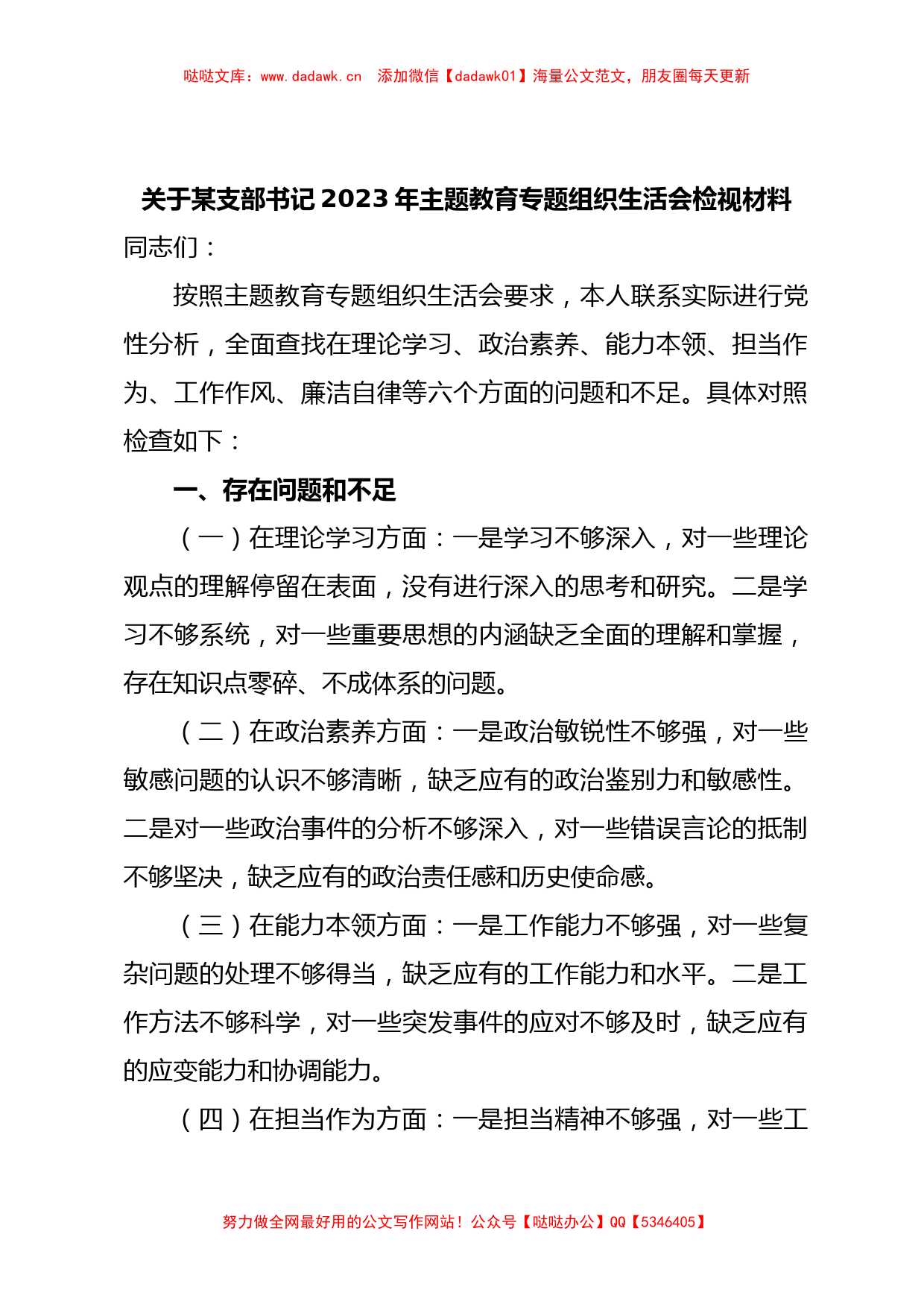 关于某支部书记2023年主题教育专题组织生活会检视材料_第1页