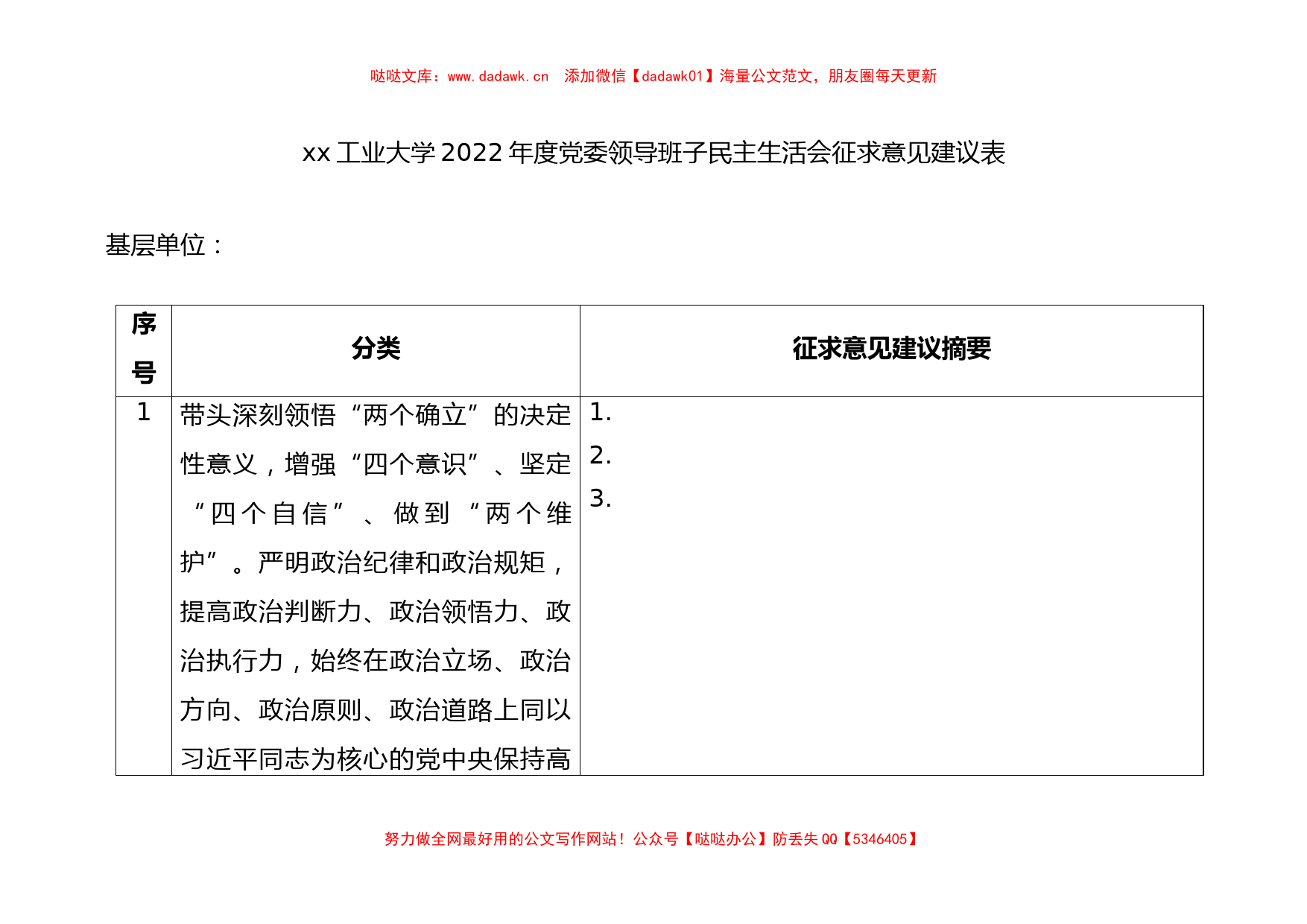 民主生活会征求意见表（模板）_第1页