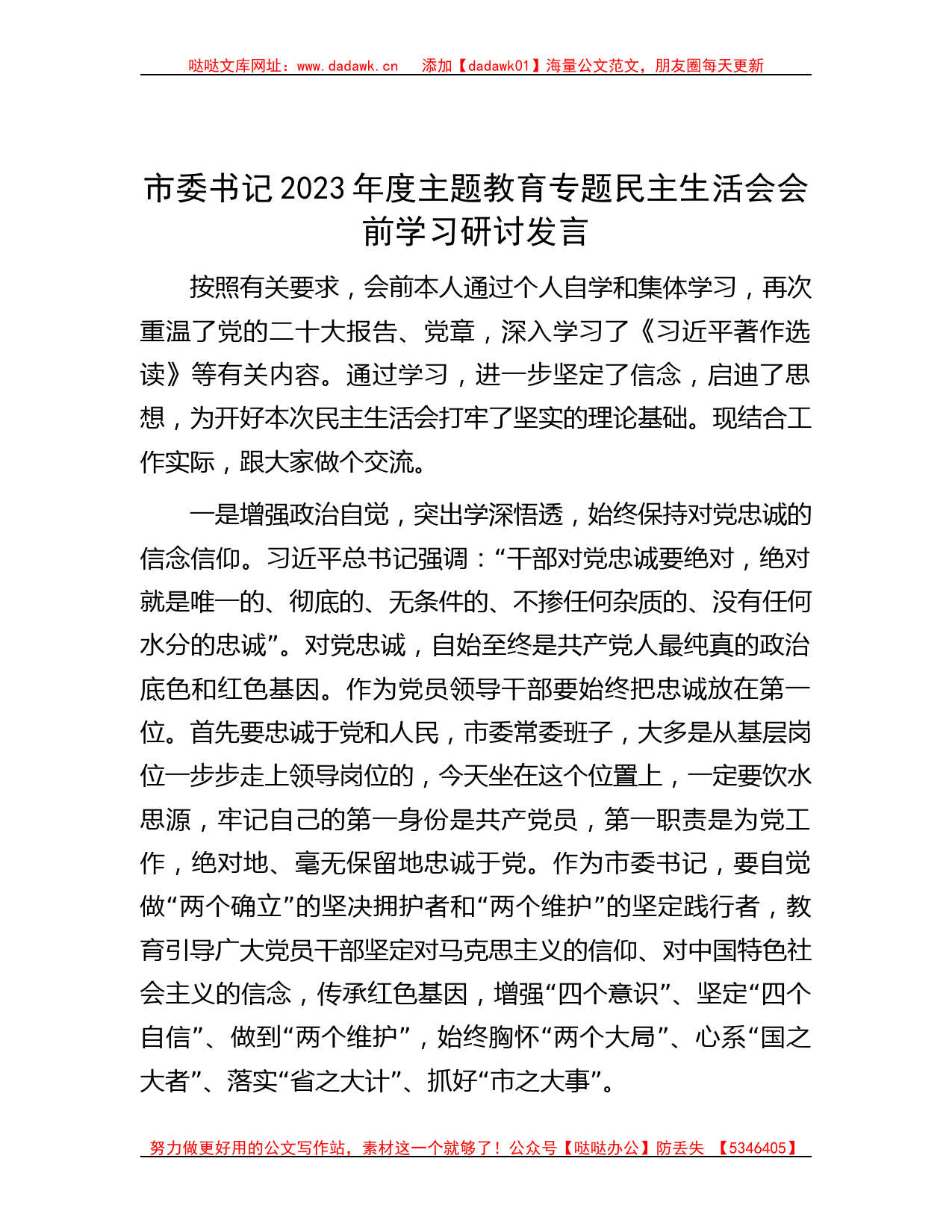 市委书记2023年度主题教育专题民主生活会会前学习研讨发言_第1页