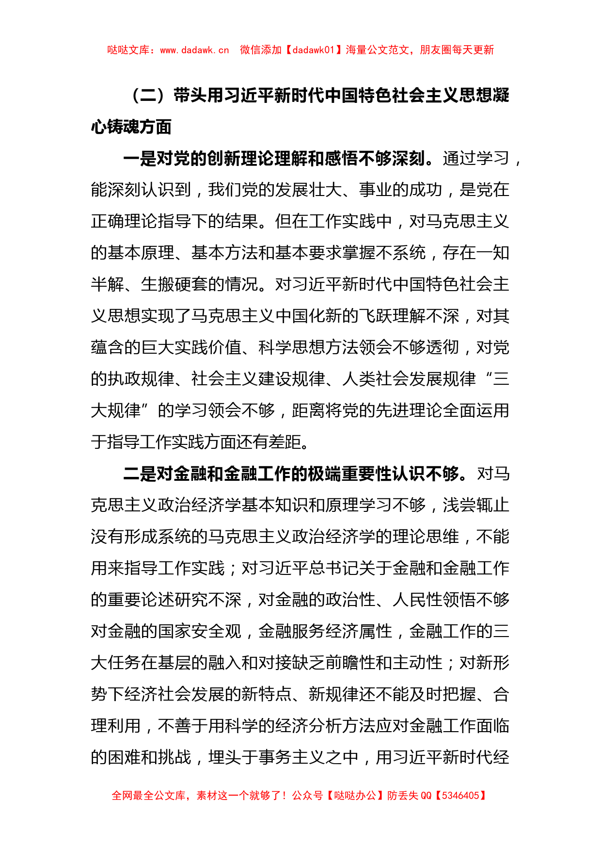 市金融办党组书记2022年度民主生活会对照检查材料_第3页