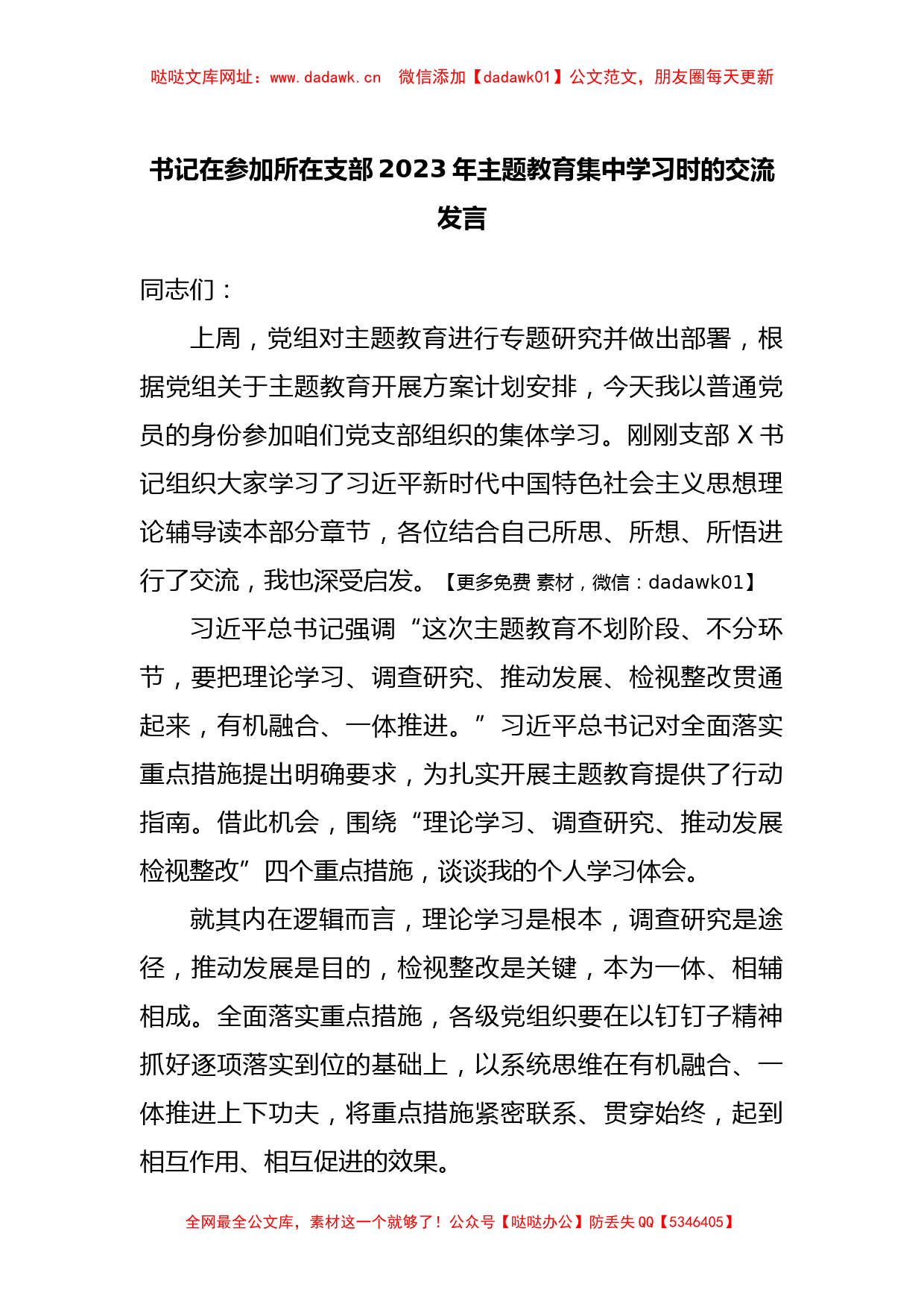 书记在参加所在支部2023年主题教育集中学习时的交流发言【哒哒】_第1页