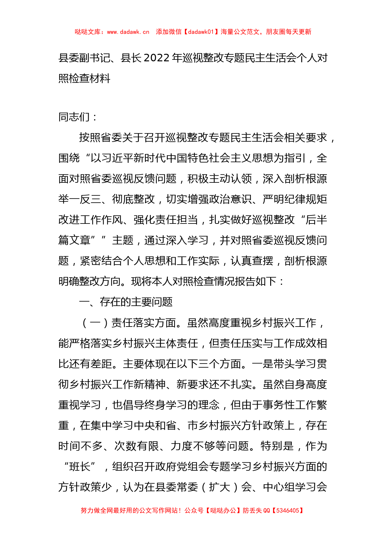 县长2022年巡视整改专题民主生活会个人对照检查材料_第1页