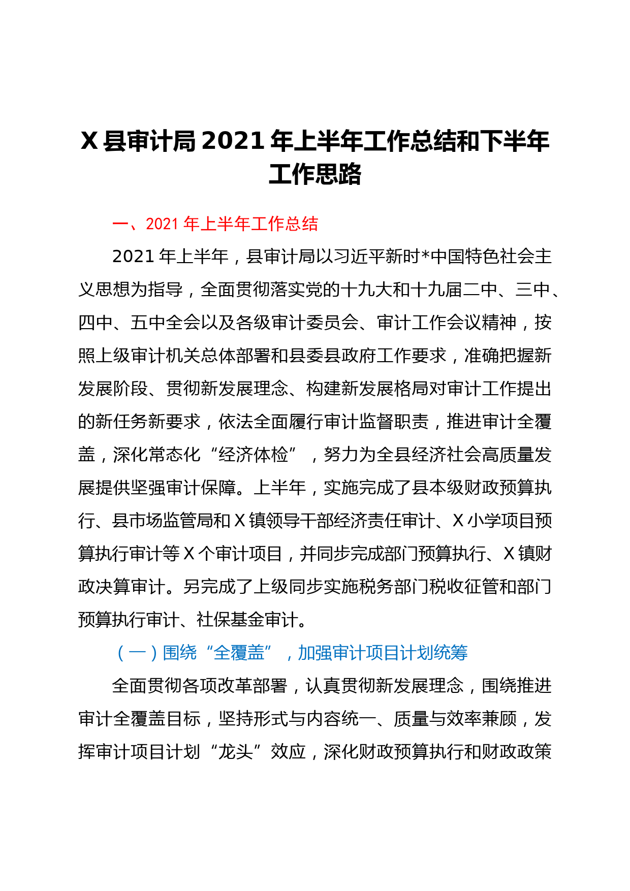 X县审计局2021年上半年工作总结和下半年工作思路_第1页