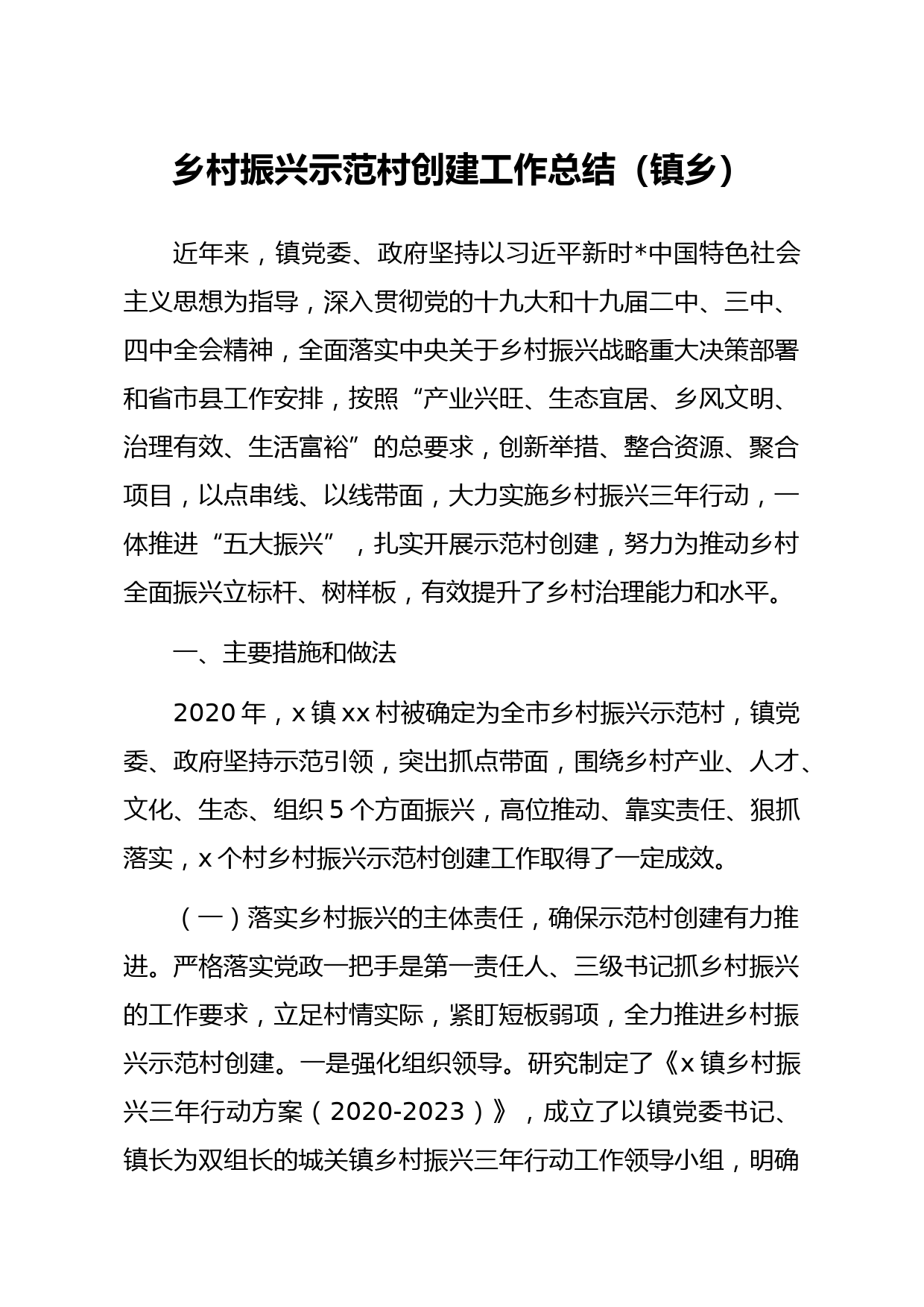 乡镇：乡村振兴示范村创建工作总结镇乡_第1页