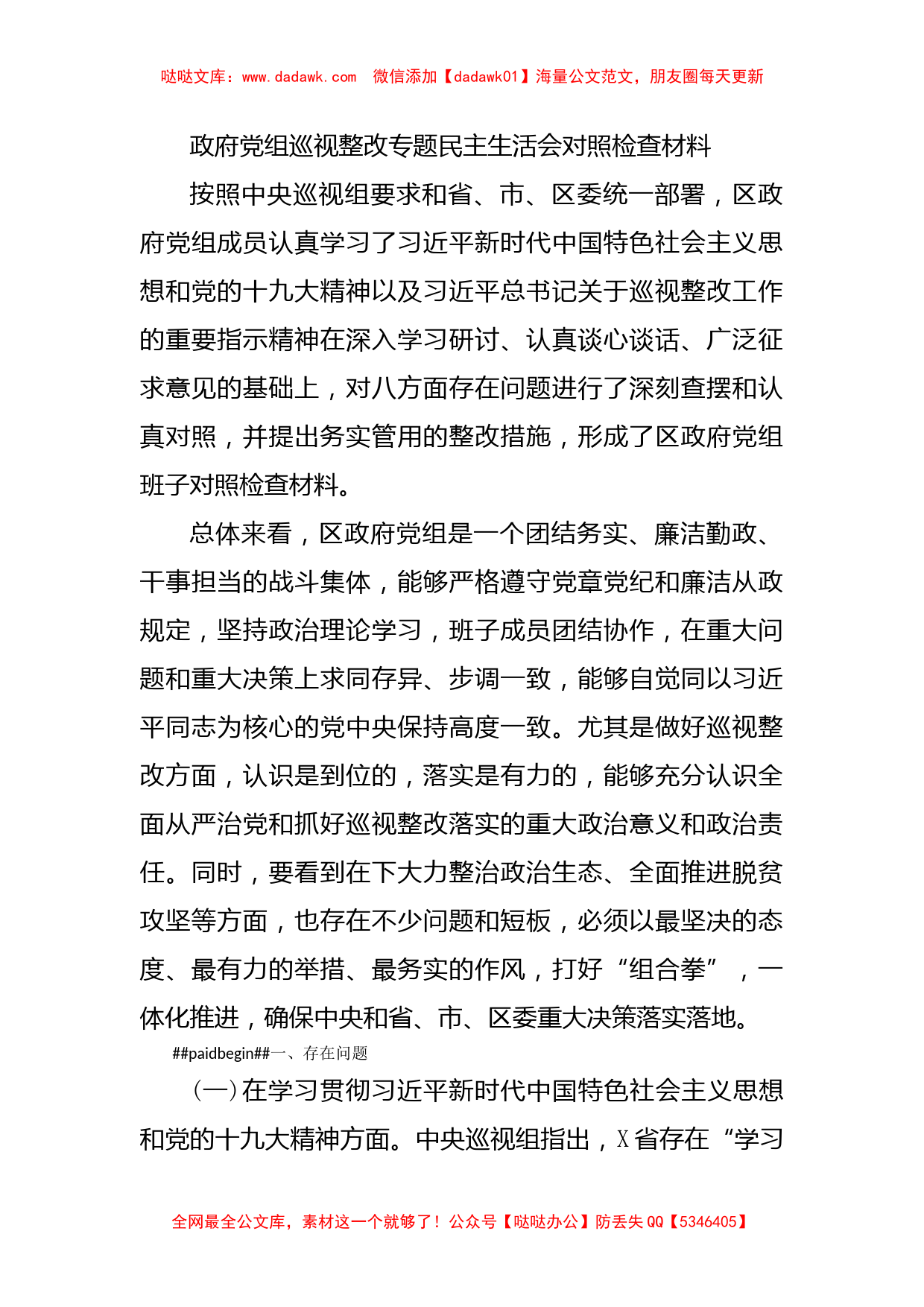 政府党组巡视整改专题民主生活会对照检查材料_第1页