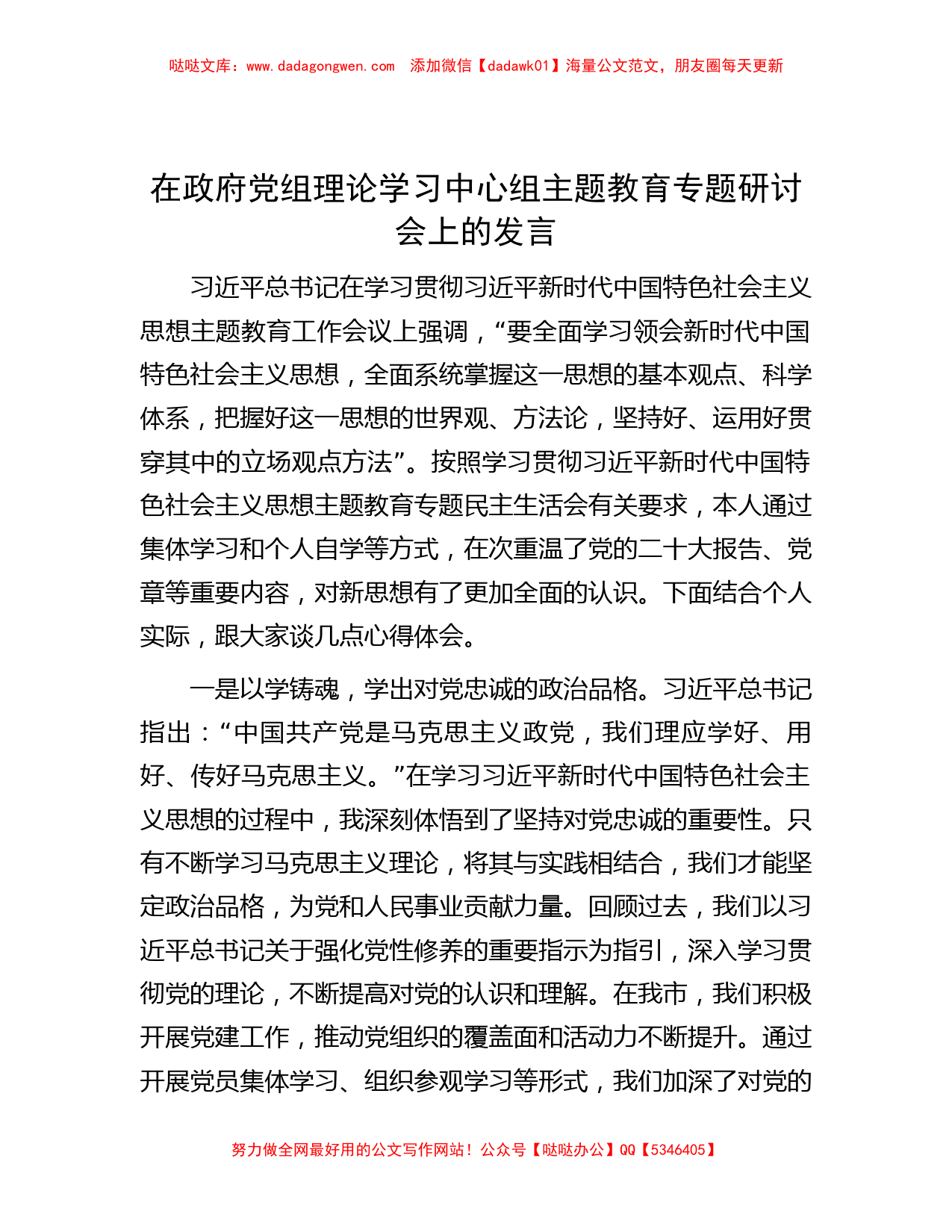 在政府党组理论学习中心组主题教育专题研讨会上的发言_第1页