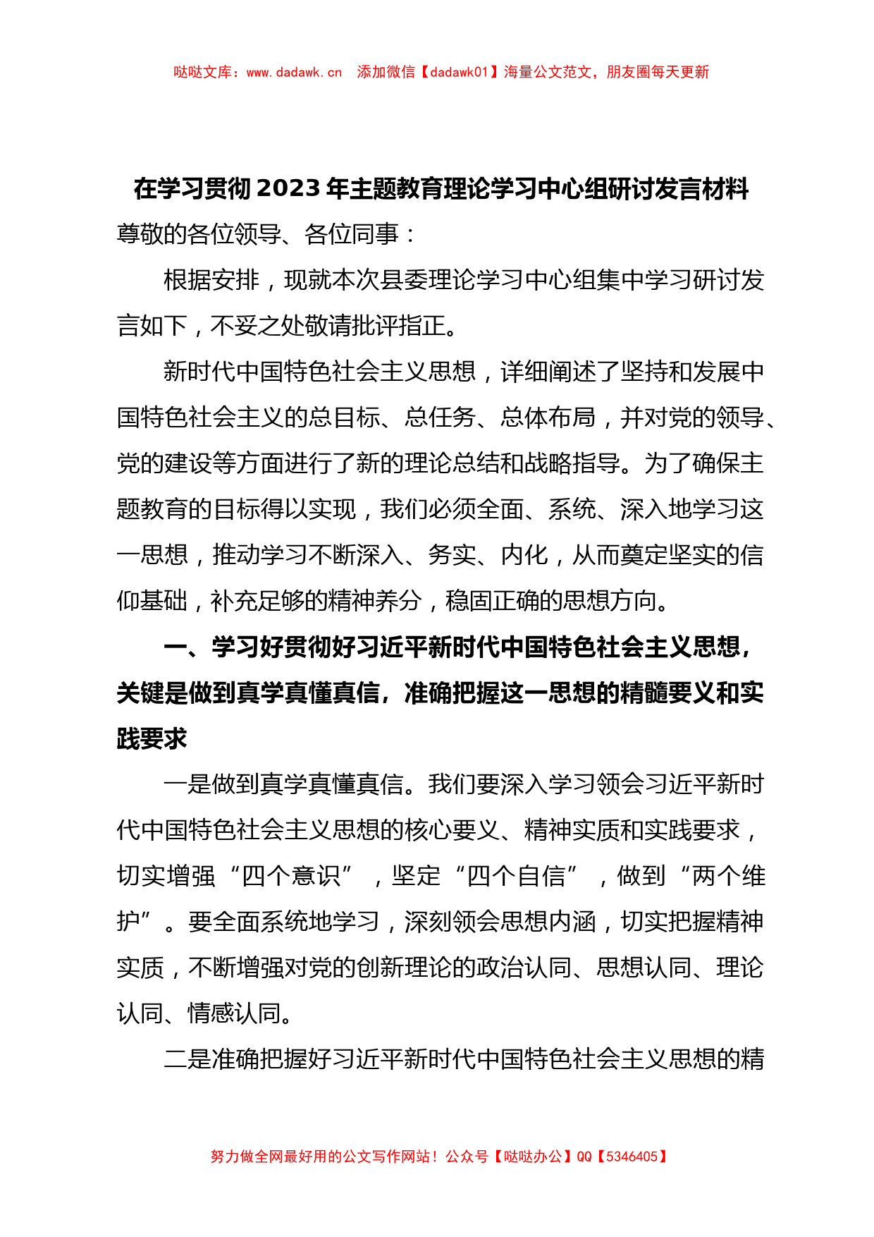 在学习贯彻2023年主题教育理论学习中心组研讨发言材料_第1页