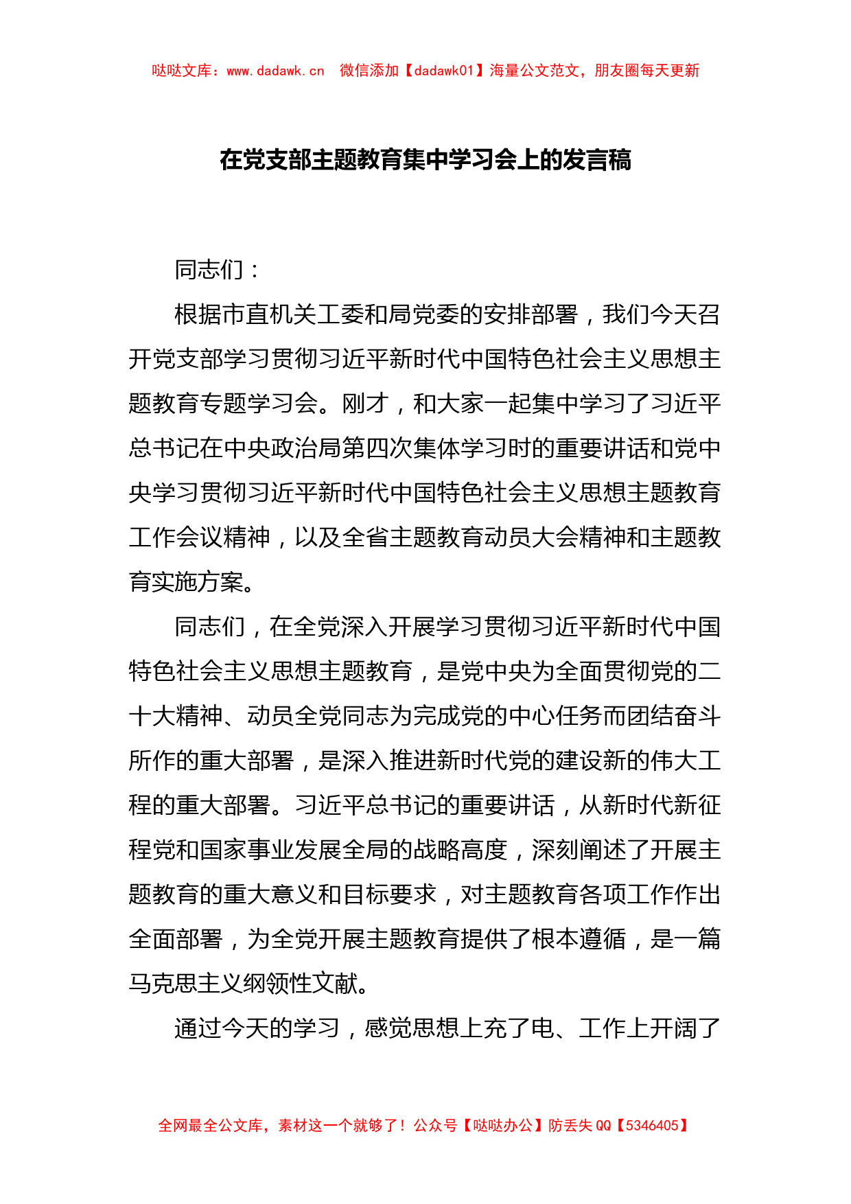 在党支部主题教育集中学习会上的发言稿_第1页