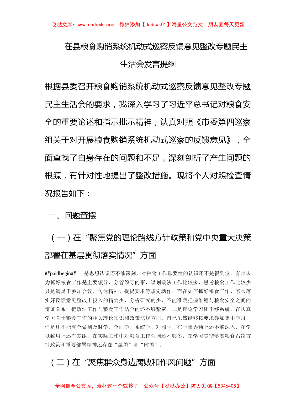 在县粮食购销系统机动式巡察反馈意见整改专题民主生活会发言提纲_第1页