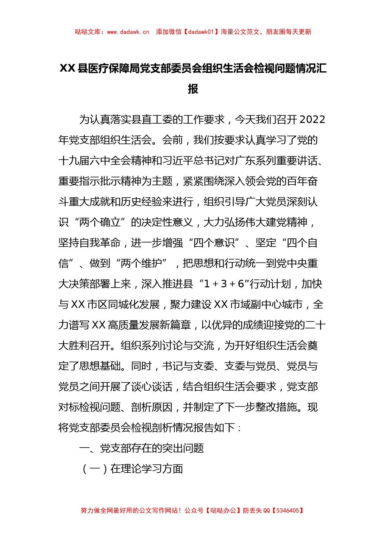 XX县医疗保障局党支部委员会组织生活会检视问题情况汇报_第1页