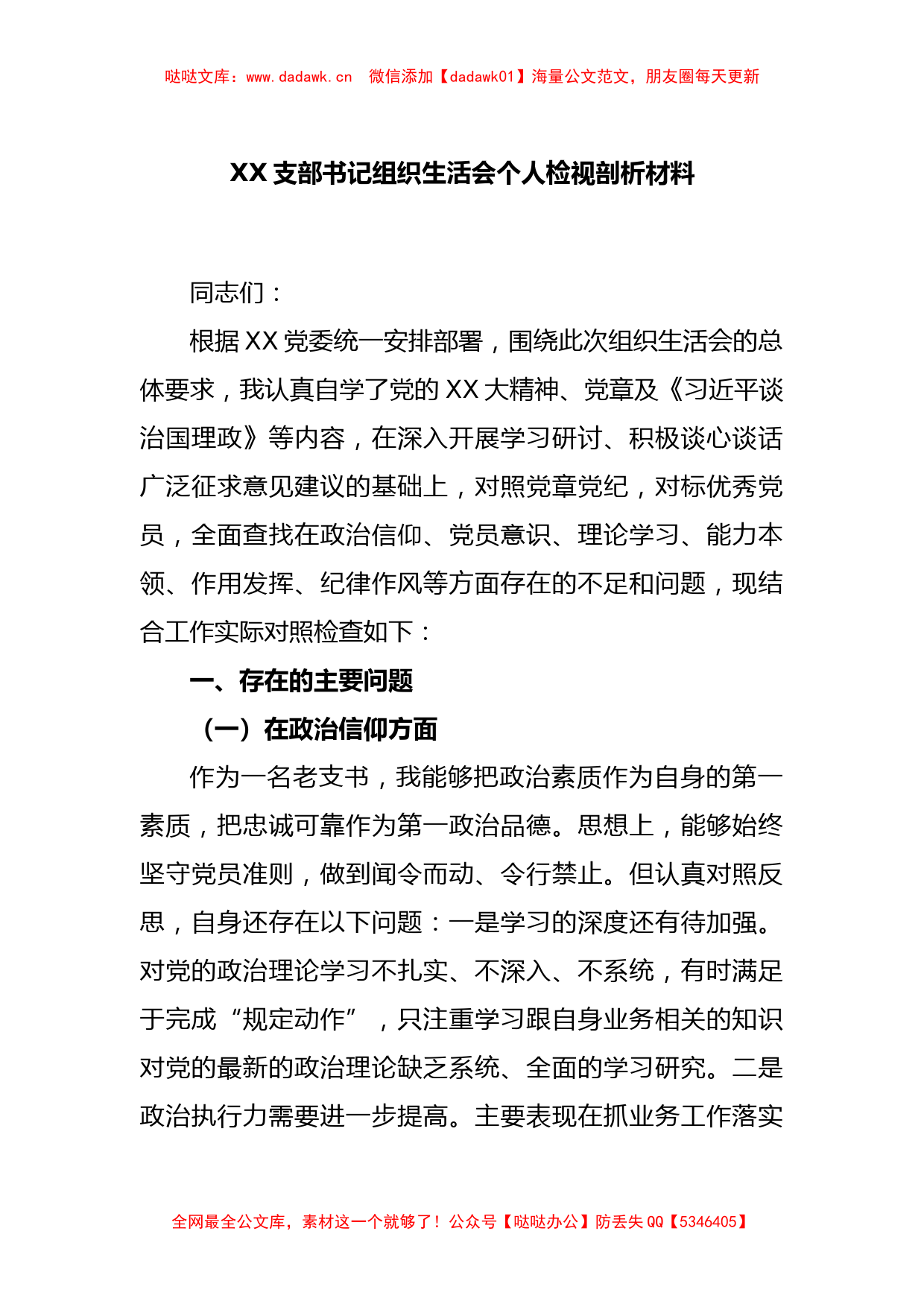 XX支部书记组织生活会个人检视剖析材料_第1页