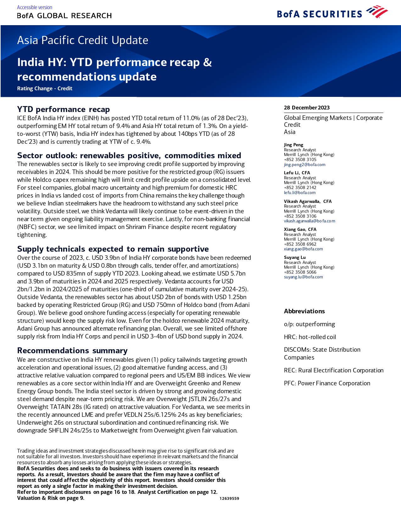 BofA Global Research-Asia Pacific Credit Update India HY YTD performance recap ...-105608730_第1页