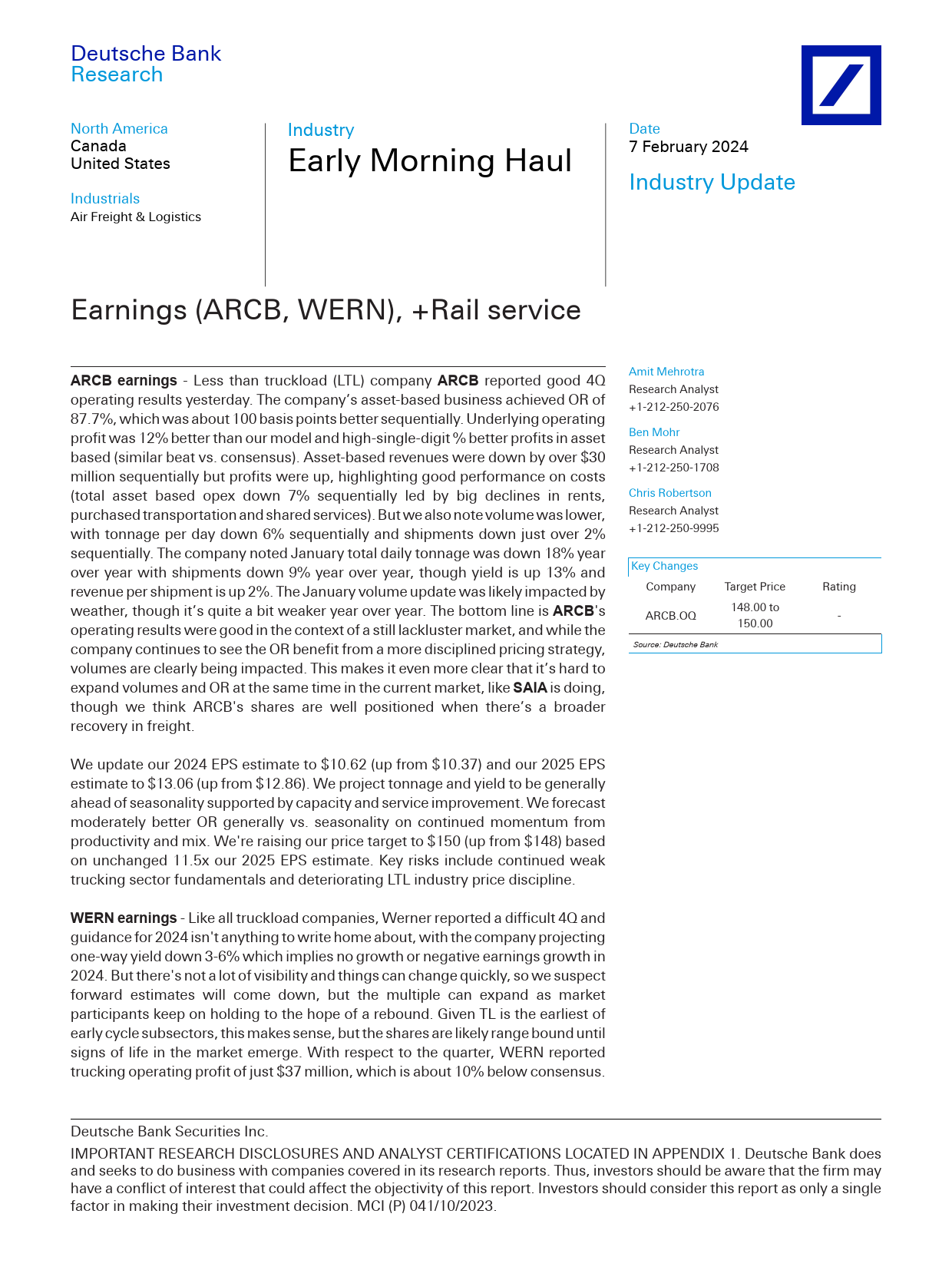 Deutsche Bank-Early Morning Haul Earnings (ARCB, WERN), +Rail service-106395205_第1页