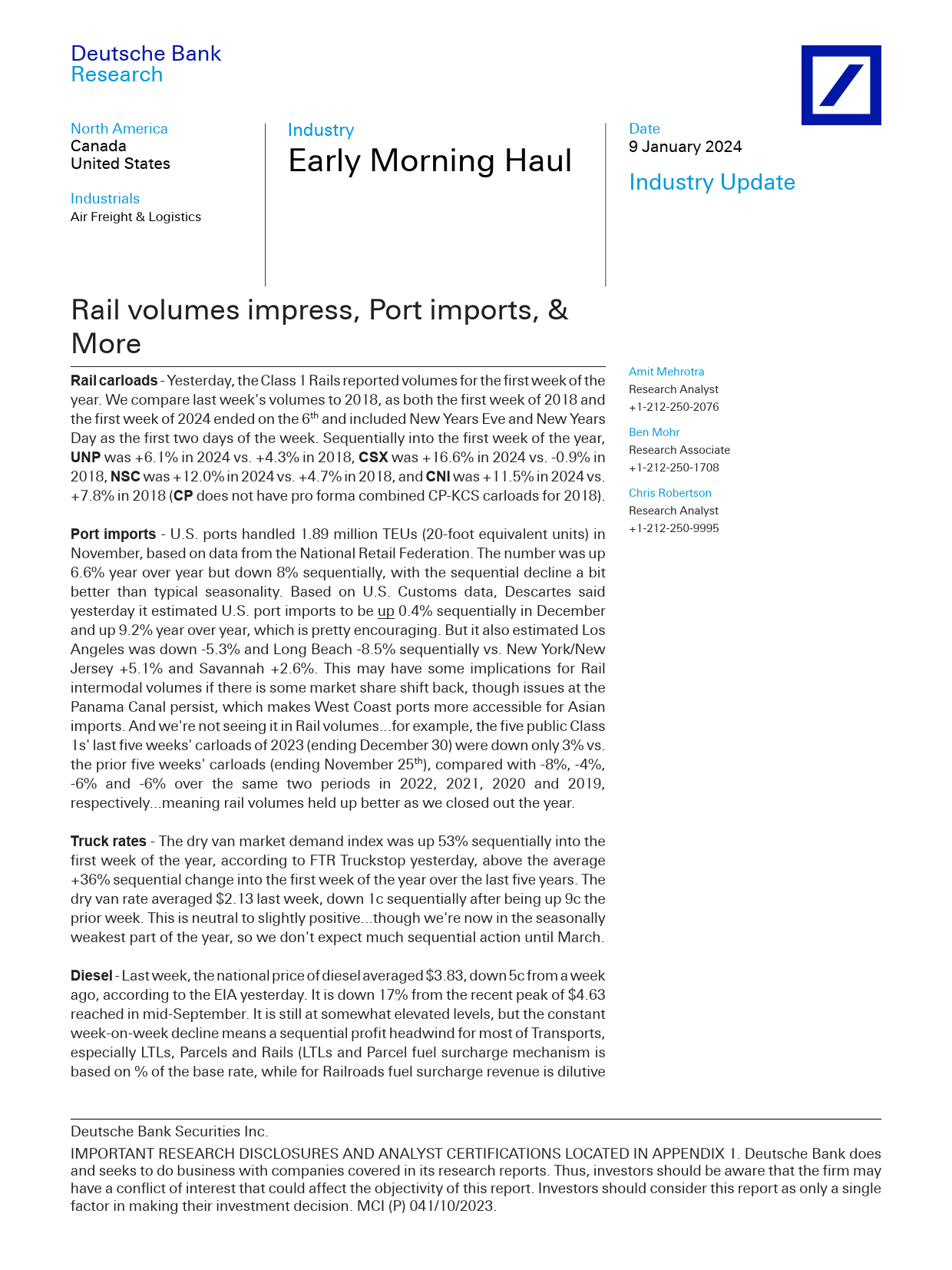 Deutsche Bank-Early Morning Haul Rail volumes impress, Port imports,  Mo...-105811683_第1页