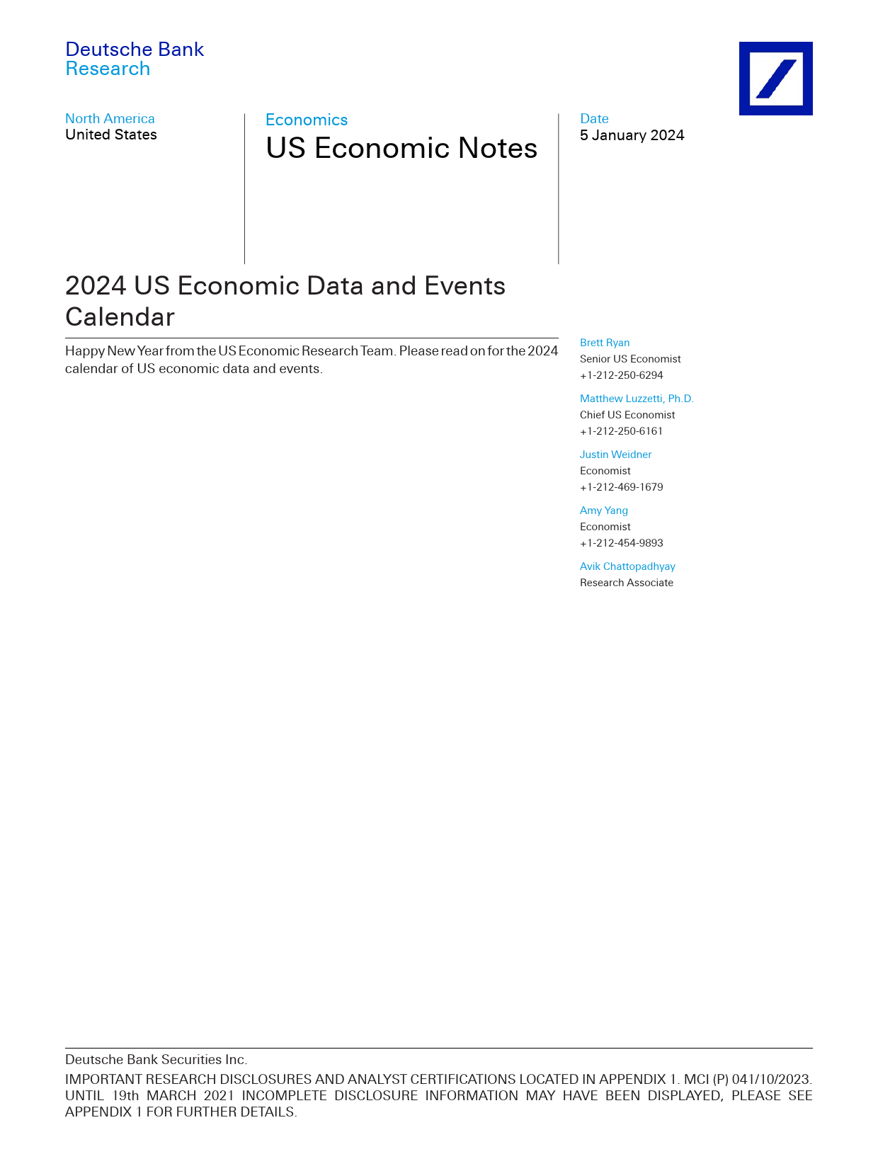 Deutsche Bank-US Economic Notes 2024 US Economic Data and Events Calendar-105764131_第1页