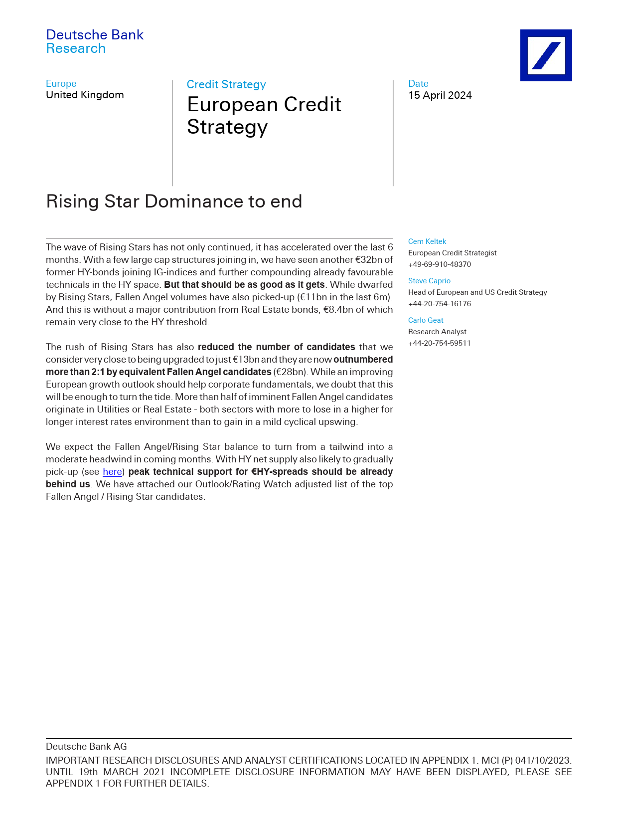 Deutsche Bank-European Credit Strategy Rising Star Dominance to end-107601104_第1页