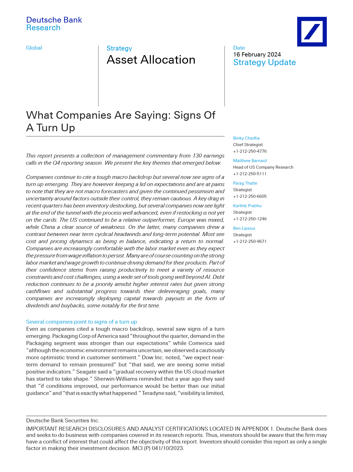 Deutsche Bank-Asset Allocation What Companies Are Saying Signs Of A Turn...-106565097_第1页