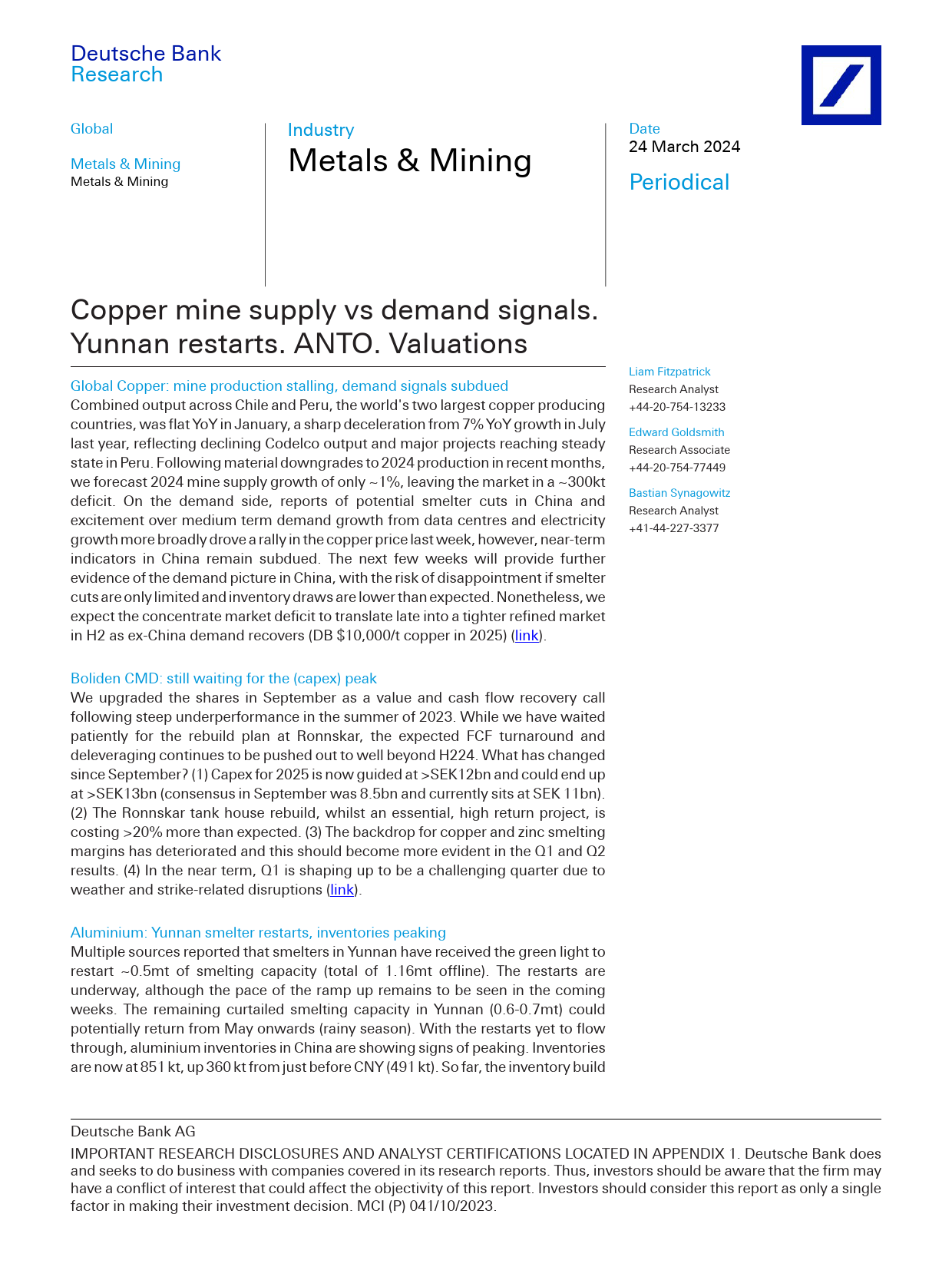 Deutsche Bank-Metals  Mining Copper mine supply vs demand signals. Yunna...-107202435_第1页