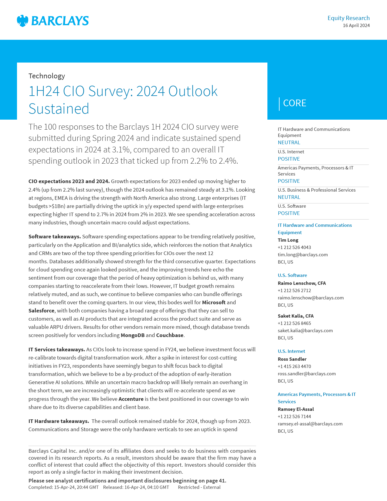 Barclays-Technology 1H24 CIO Survey 2024 Outlook Sustained_第1页