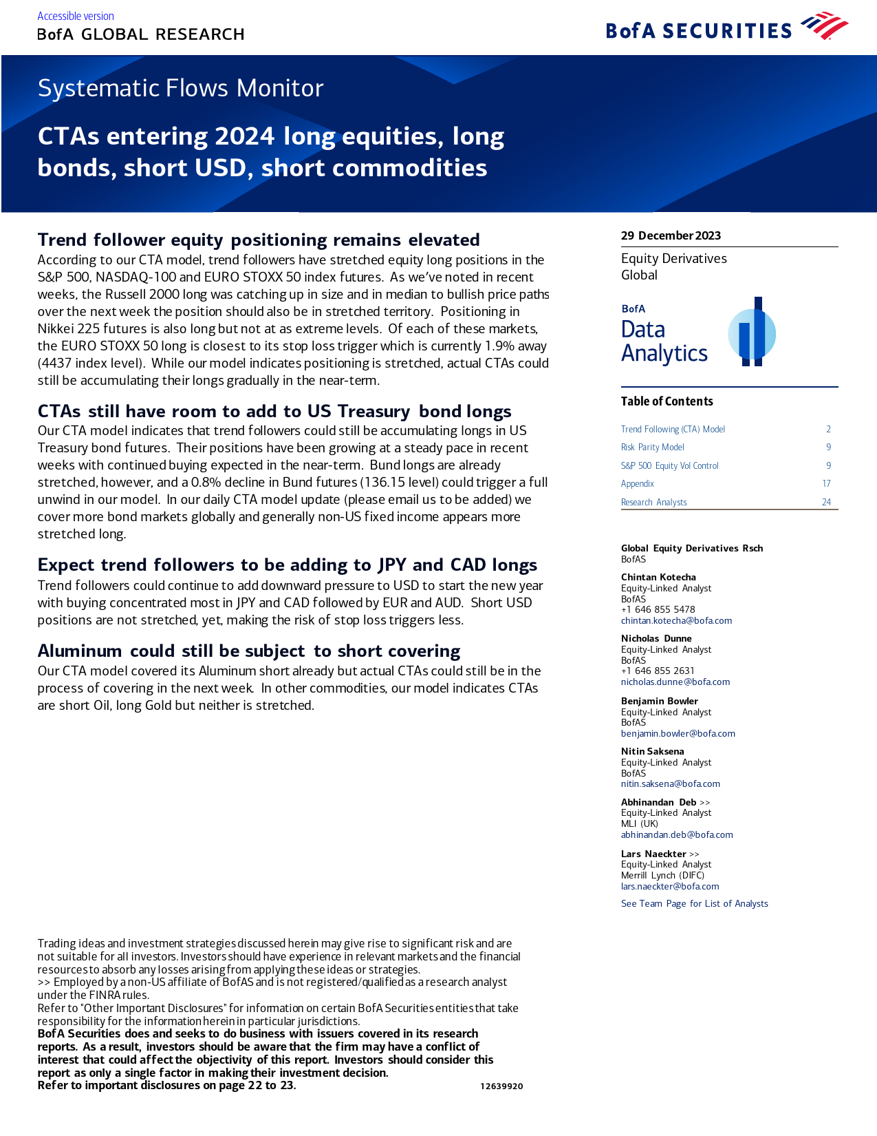 BofA Global Research-Systematic Flows Monitor CTAs entering 2024 long equities, ...-105621641_第1页