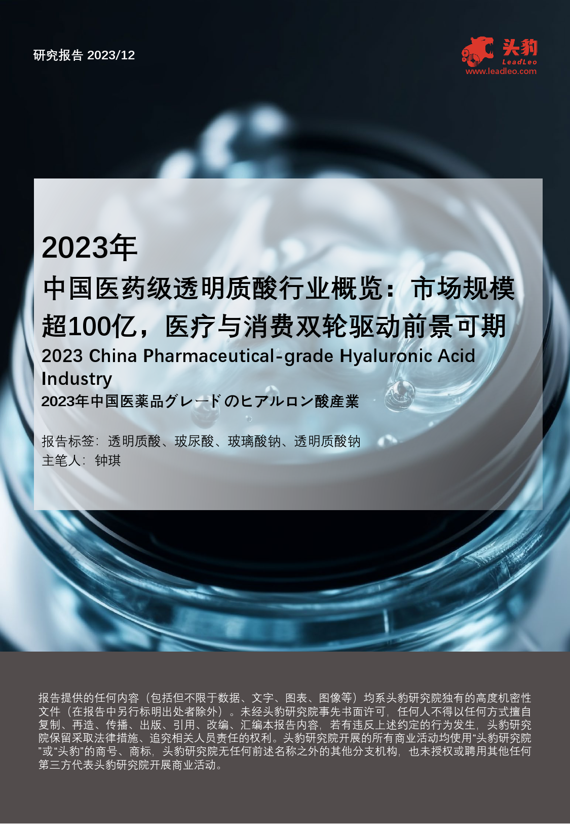 2023年中国医药级透明质酸行业概览：市场规模超100亿，医疗与消费双轮驱动前景可期-240402-头豹研究院-19页_第1页