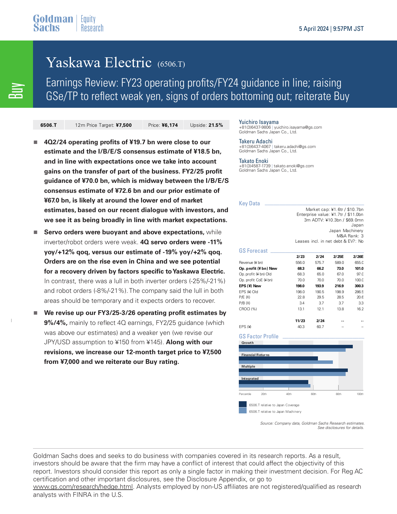 Yaskawa Electric (6506.T)_ Earnings Review_ FY23 operating profits_FY24 guidance in line; raising GSe_TP to reflect weak yen,...(1)_第1页