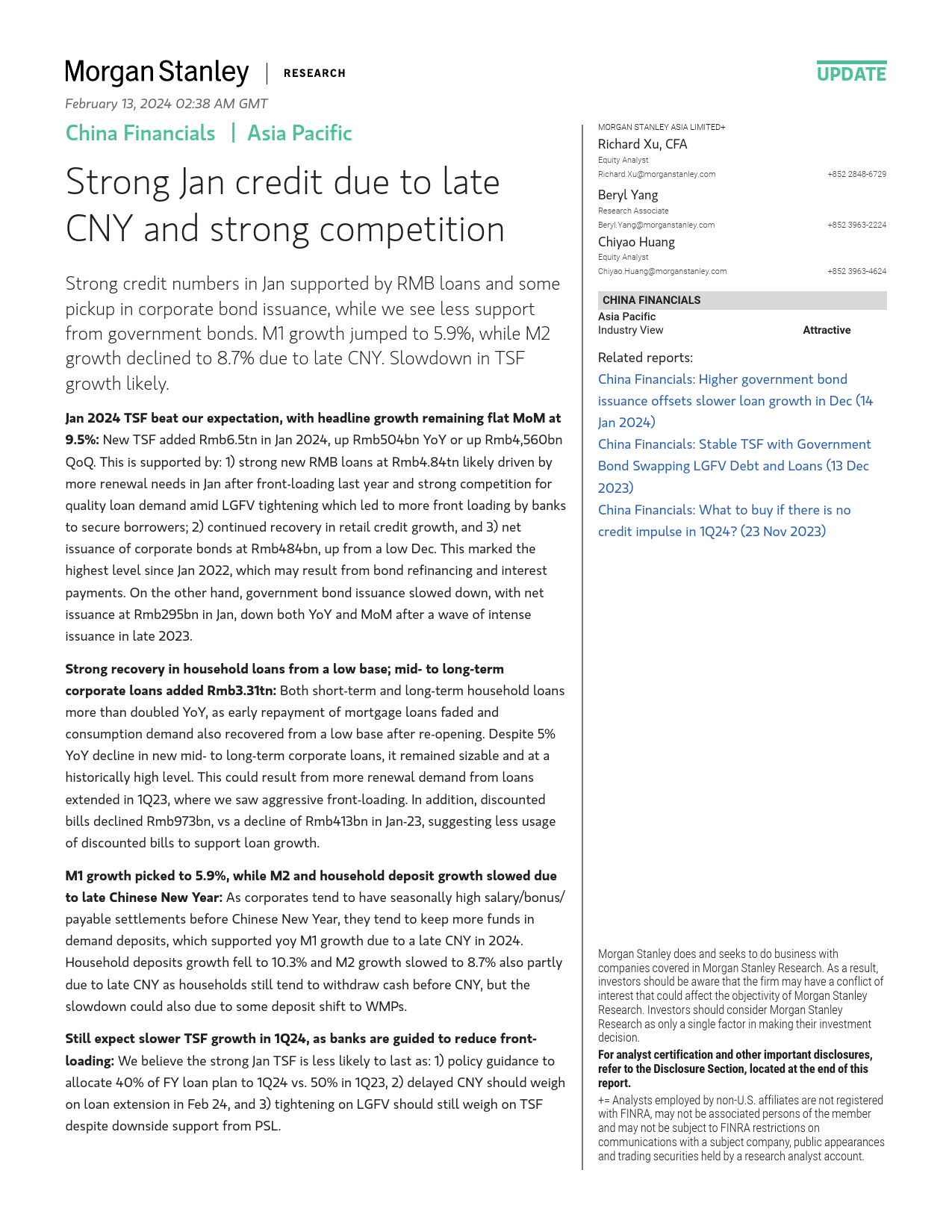 Morgan Stanley-China Financials Strong Jan credit due to late CNY and stro...-106495775_第1页