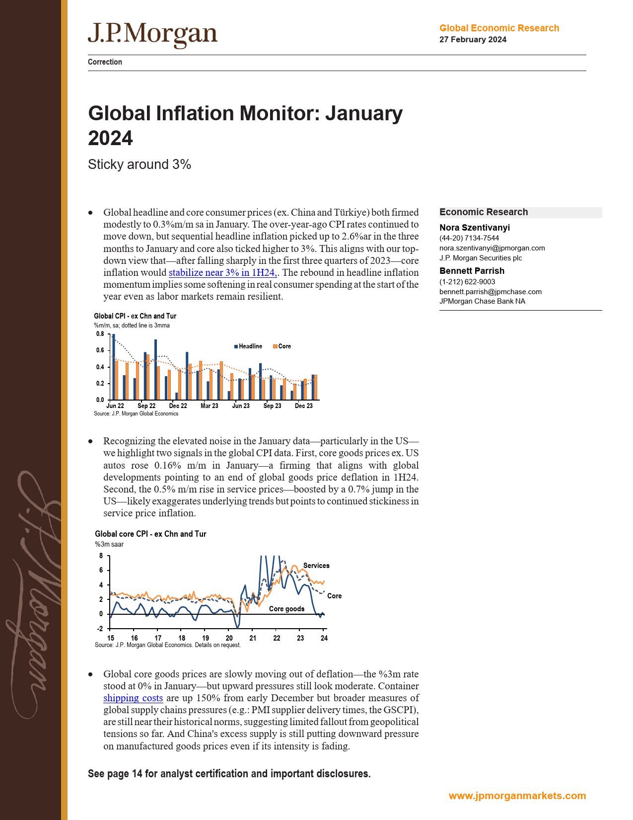 JPMorgan Econ  FI-Global Inflation Monitor January 2024 Sticky around 3-106732632_第1页