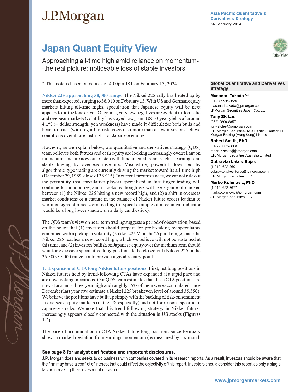 JPMorgan-Japan Quant Equity View Approaching all-time high amid relia...-106513816_第1页