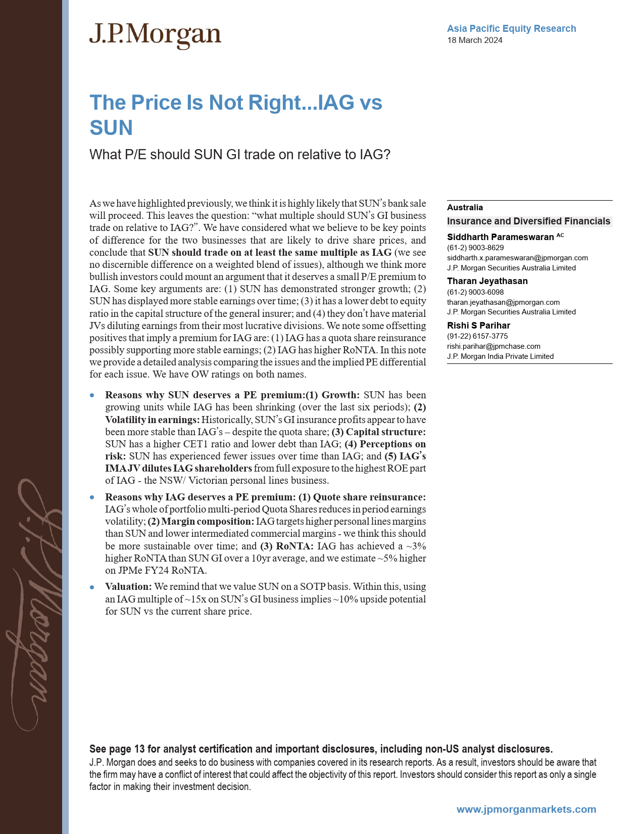 JPMorgan-The Price Is Not Right...IAG vs SUN What PE should SUN GI t...-107091369_第1页