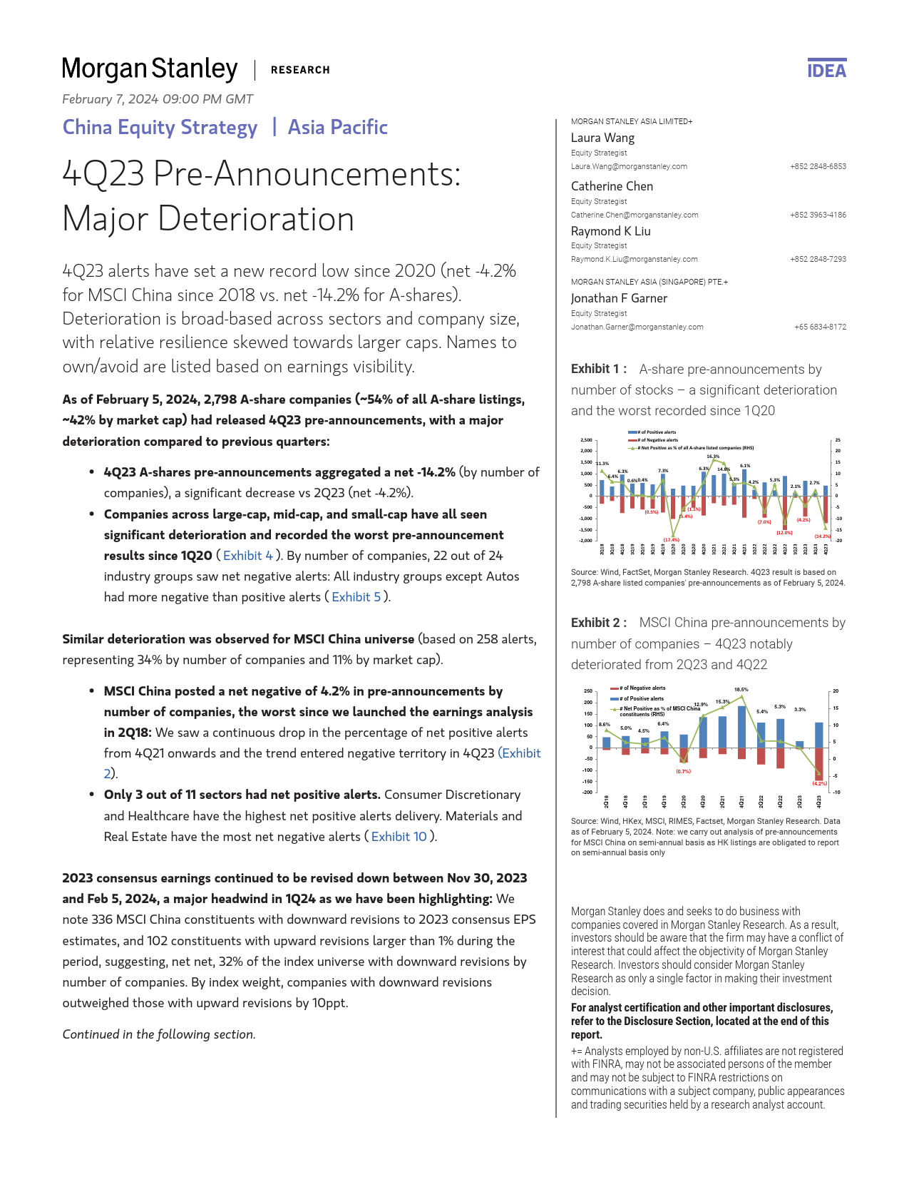 Morgan Stanley-China Equity Strategy 4Q23 Pre-Announcements Major Deterio...-106408883_第1页