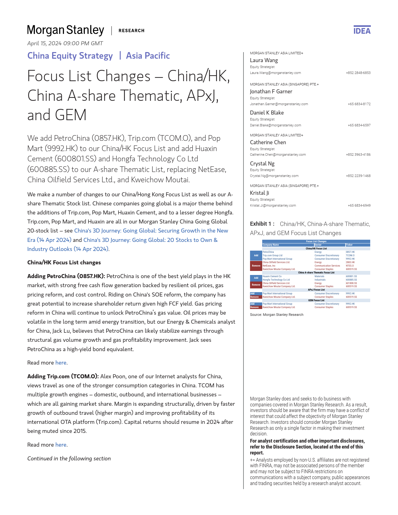 Morgan Stanley-China Equity Strategy Focus List Changes – ChinaHK, China ...-107609712_第1页