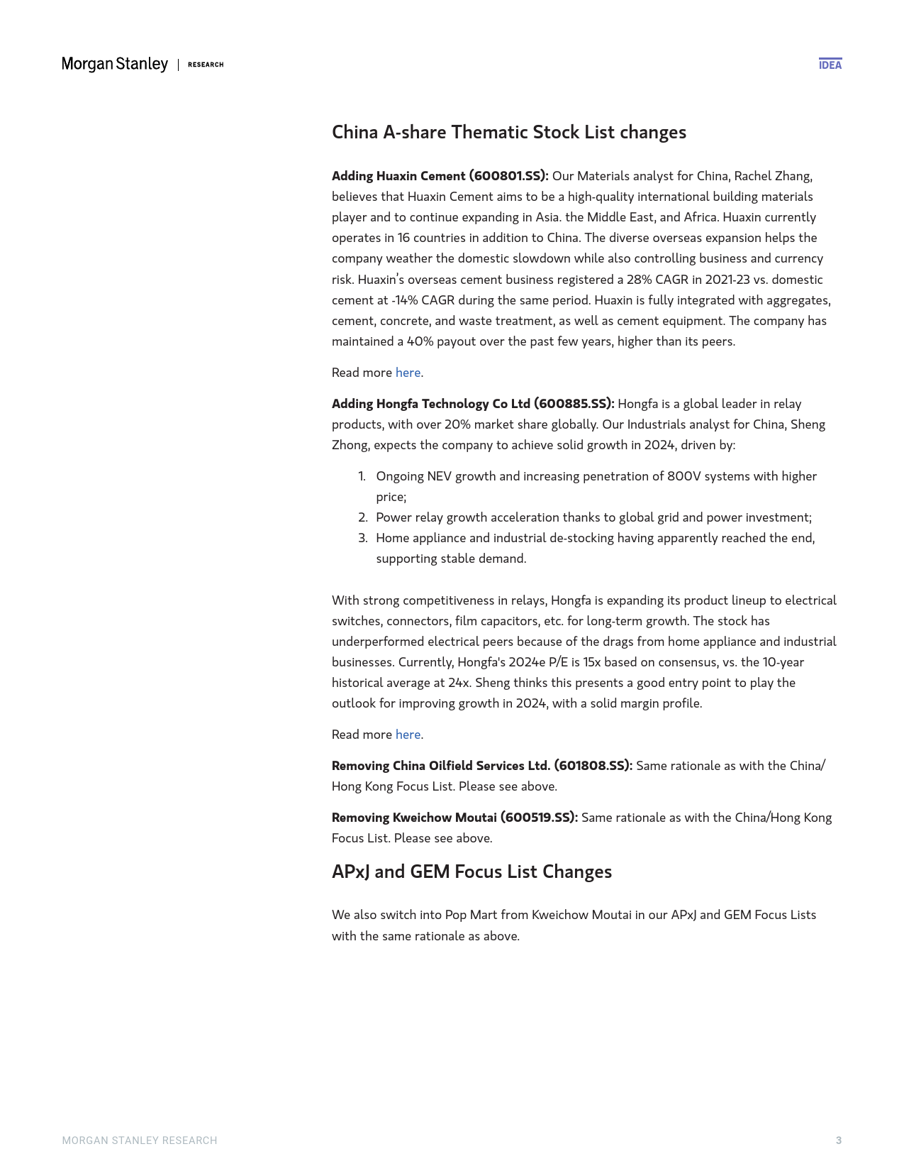 Morgan Stanley-China Equity Strategy Focus List Changes – ChinaHK, China ...-107609712_第3页