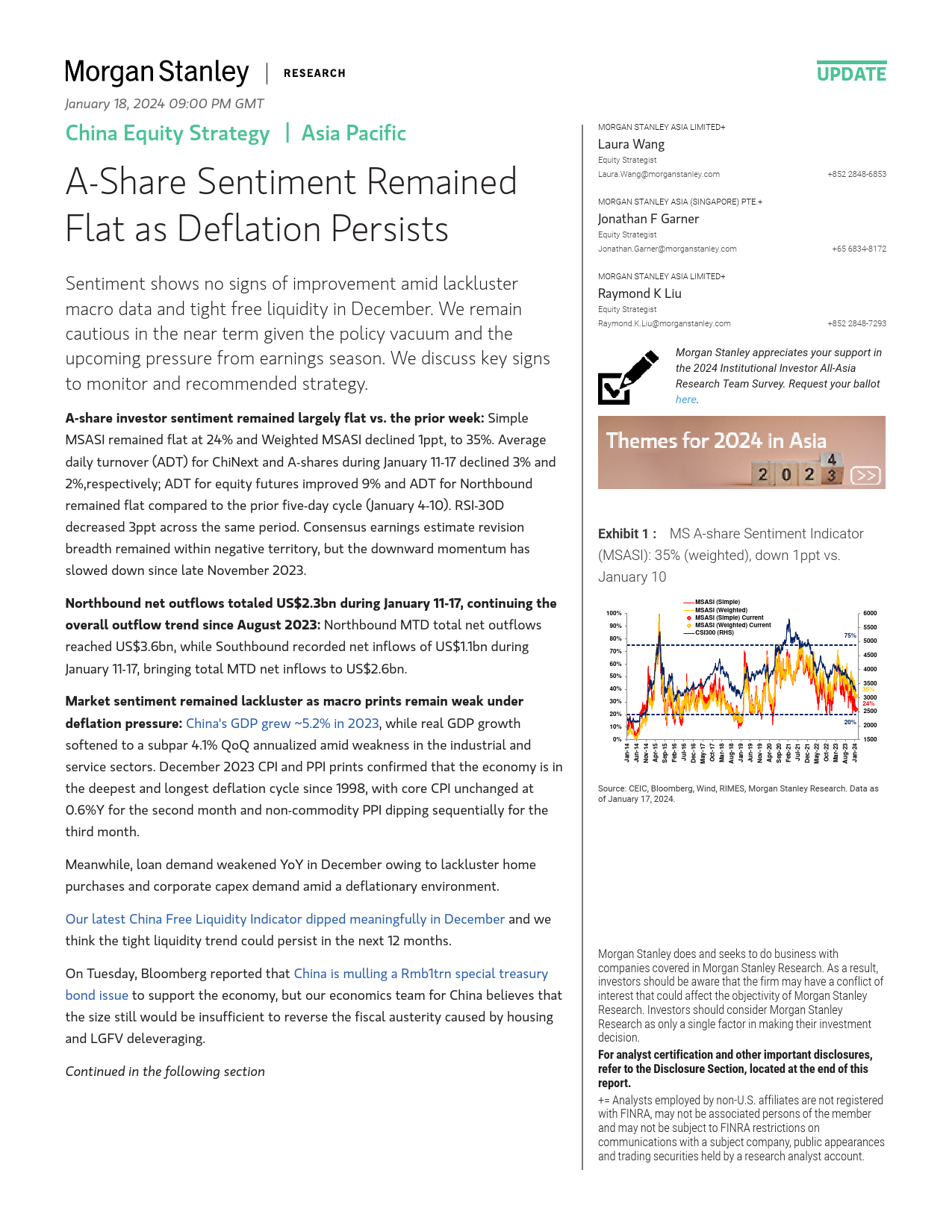 Morgan Stanley-China Equity Strategy A-Share Sentiment Remained Flat as De...-106018305_第1页