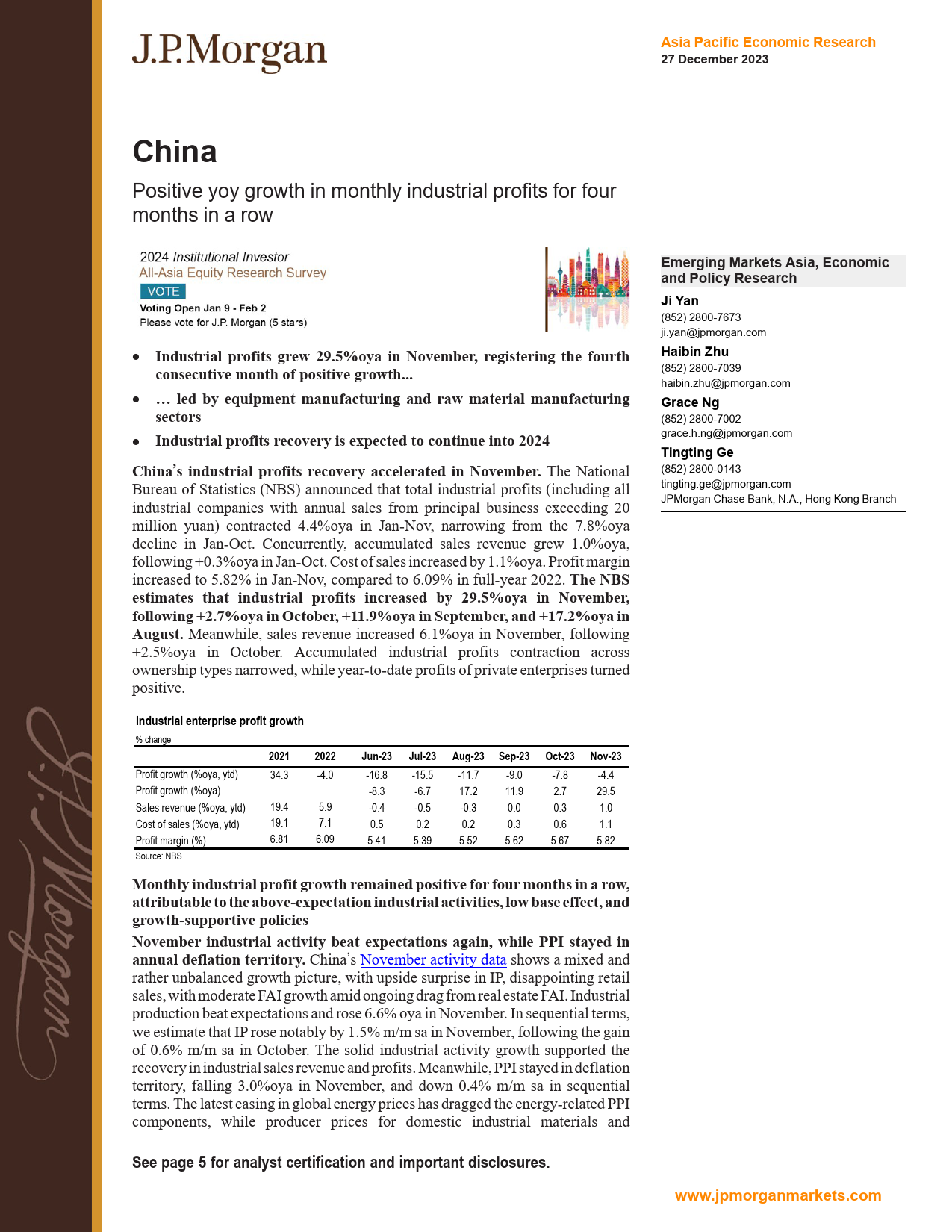 JPMorgan Econ  FI-China Positive yoy growth in monthly industrial profits for ...-105598636_第1页