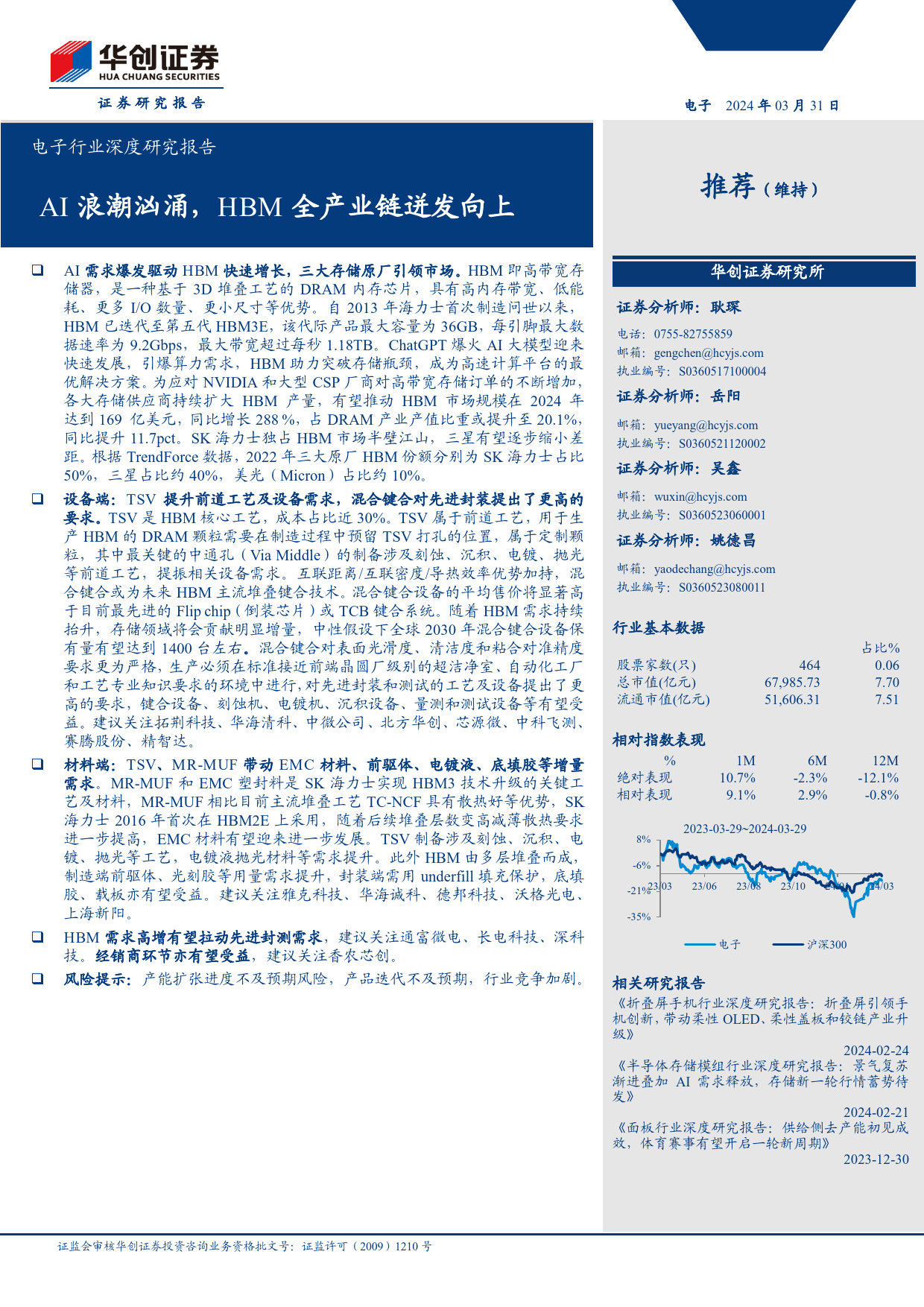 电子行业深度研究报告：AI浪潮汹涌，HBM全产业链迸发向上-240331-华创证券-28页_第1页