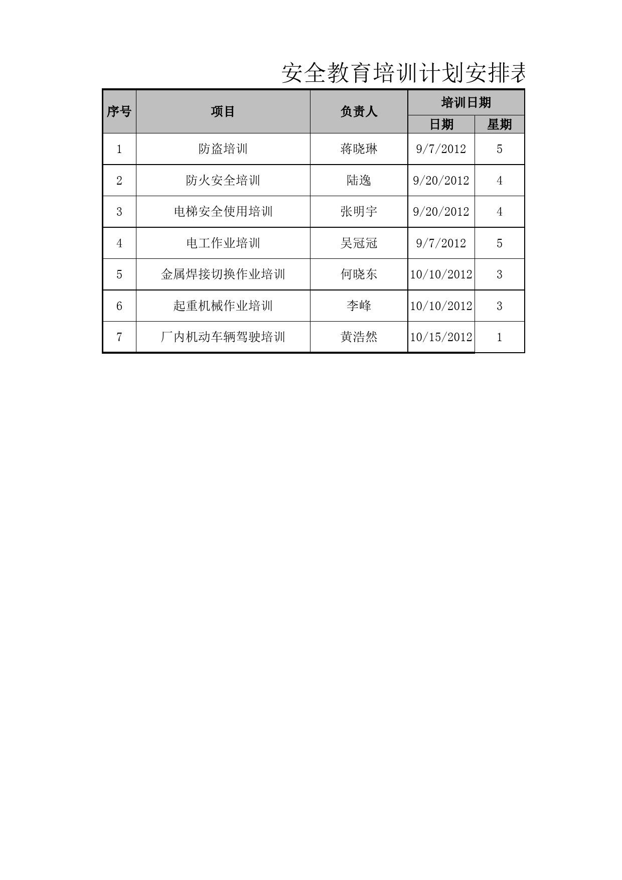 安全教育培训计划安排表_第1页