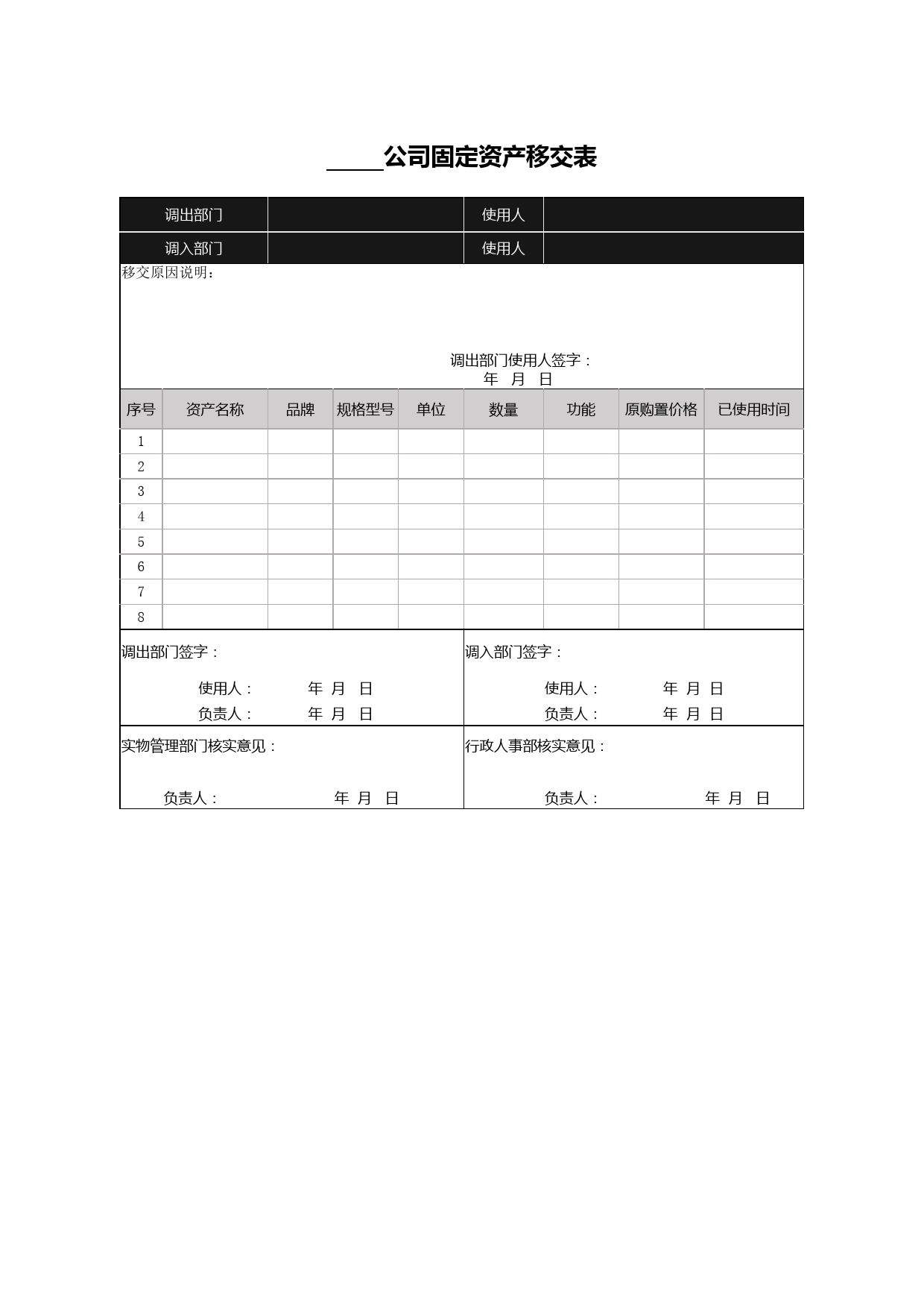 公司固定资产移交表_第1页