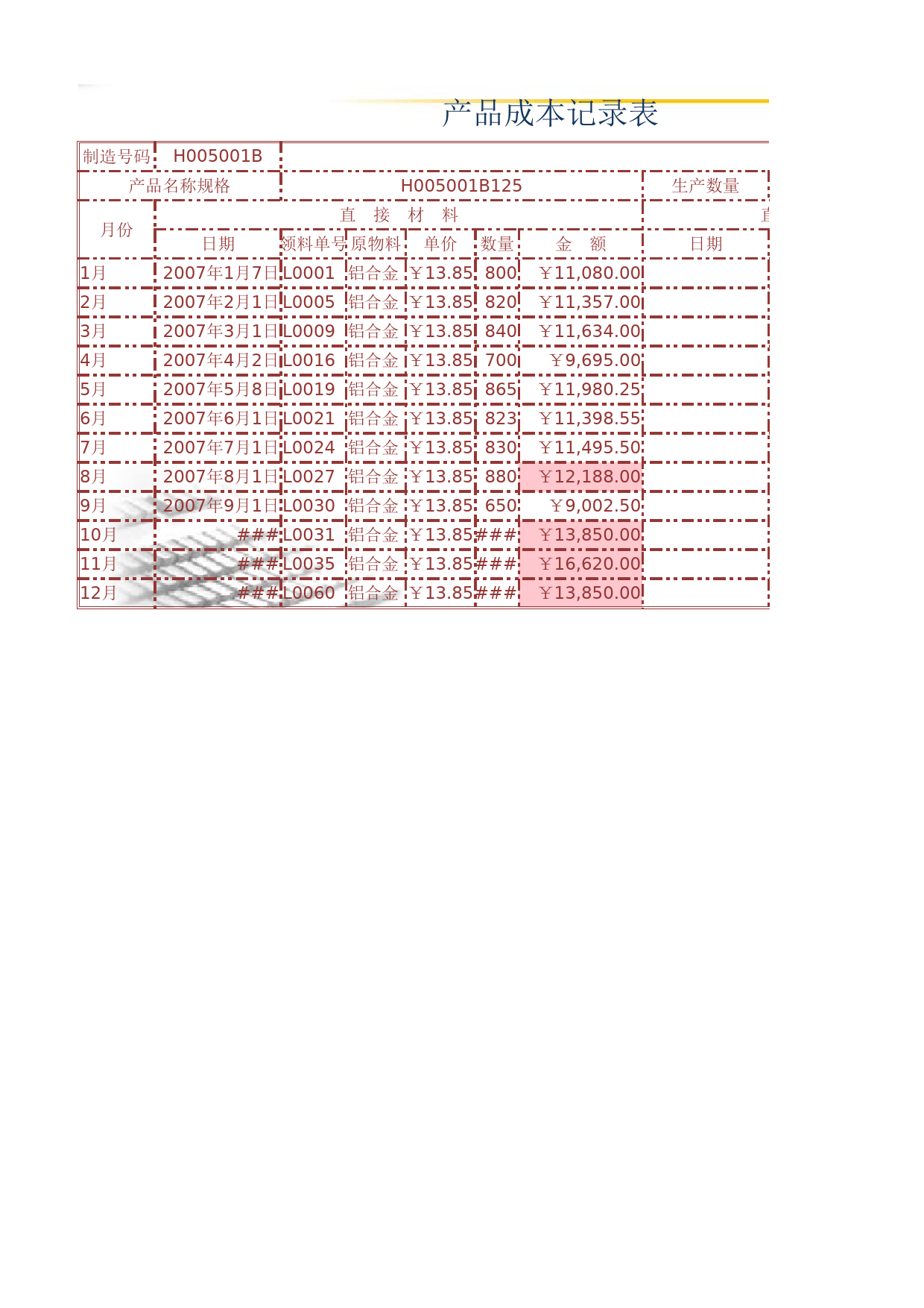 产品成本记录表_第1页