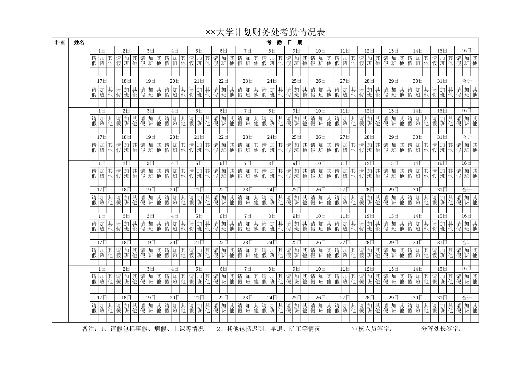 大学计划财务处考勤情况表_第1页