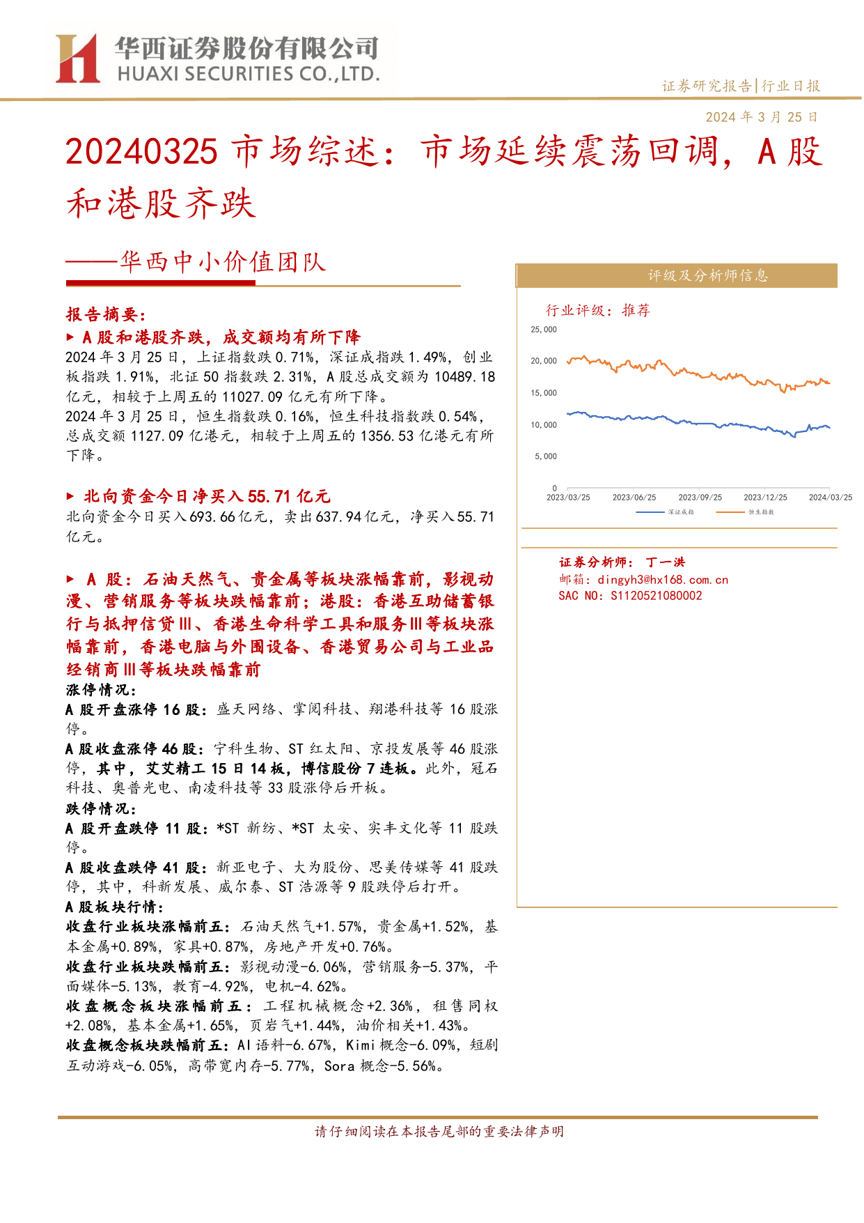 华西中小价值团队：20240325市场综述，市场延续震荡回调，A股和港股齐跌-240325-华西证券-12页_第1页