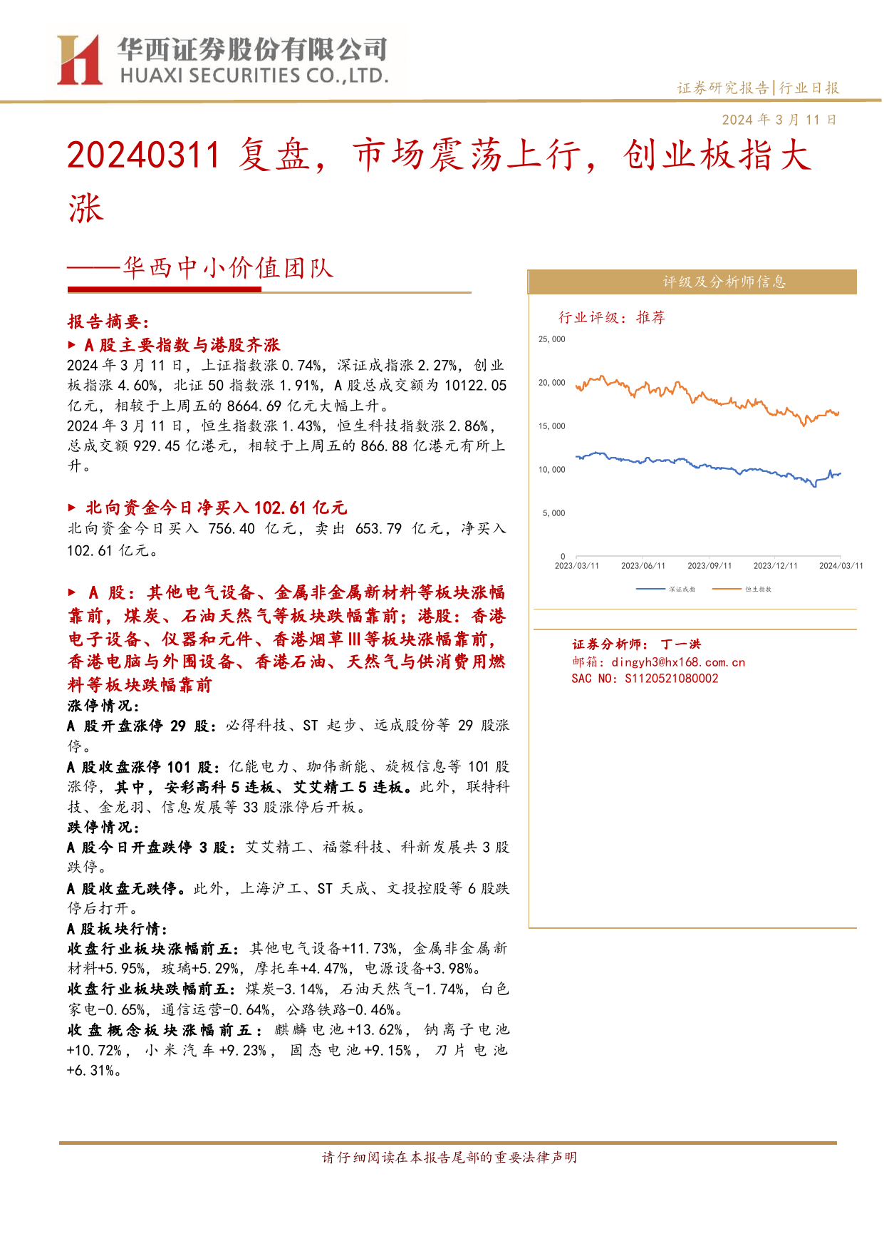 华西中小价值团队：20240311复盘，市场震荡上行，创业板指大涨-240311-华西证券-12页_第1页