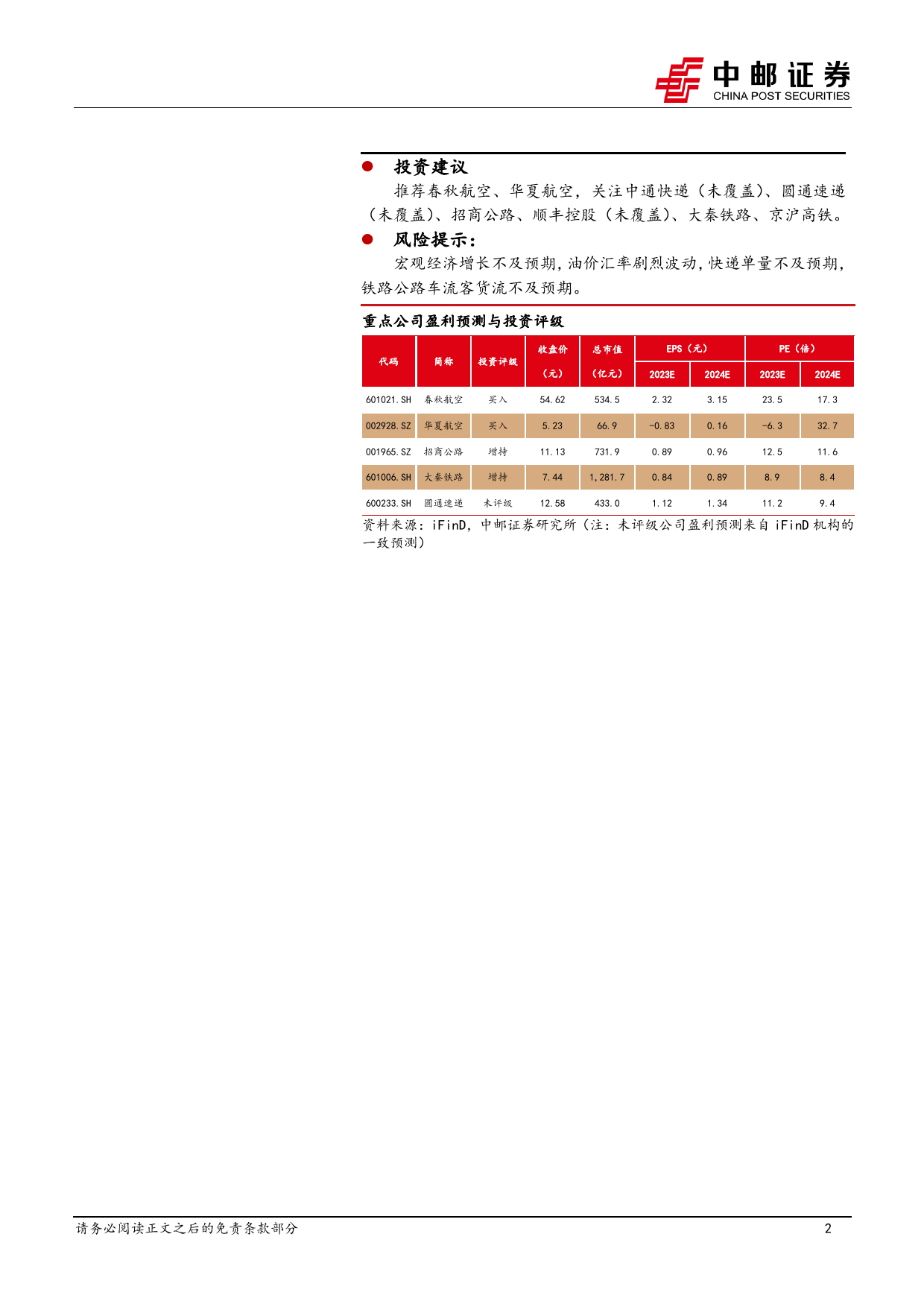 交通运输行业报告：中国向瑞士等六国试行免签，高股息个股再度上行-240310-中邮证券-18页_第2页