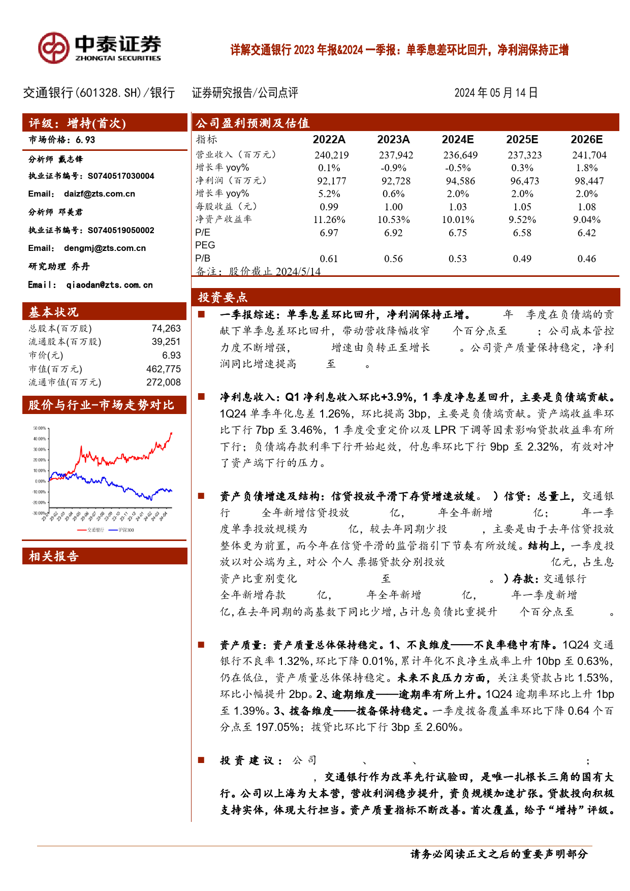 交通银行(601328)详解交通银行2023年报%262024一季报：单季息差环比回升，净利润保持正增-240514-中泰证券-14页_第1页